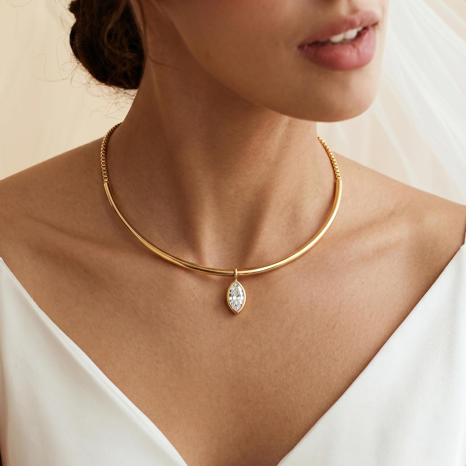 LILIE&WHITE Gold Plated Marquise Cut Oval Marquise Teardrop Cubic Zirconia Square Crystal Pendant Choker Necklace for Women image 2