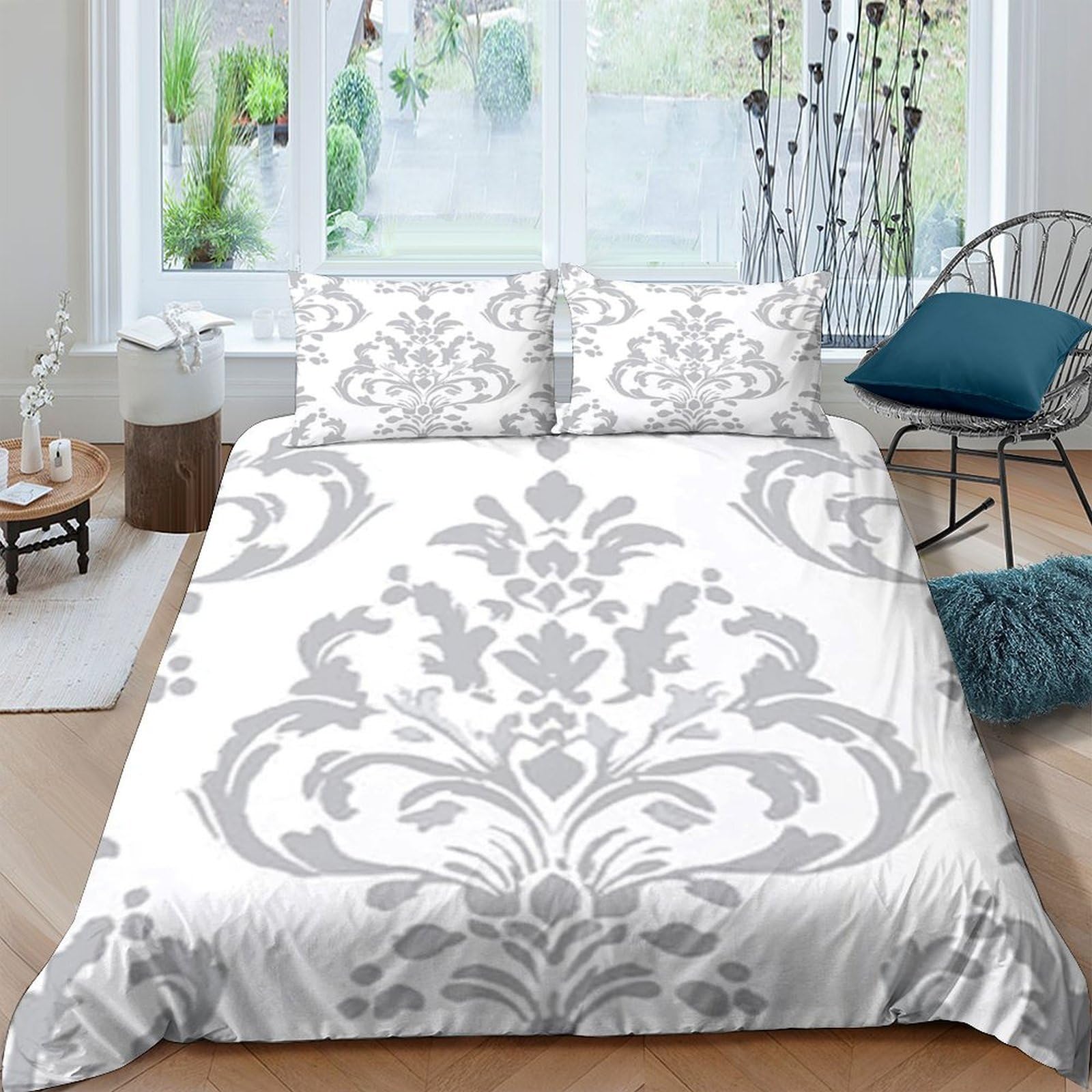 XFKLYNVCJ 3D Printed Classic damask pattern Duvet Cover Premium Polyester Gray ornamental Bed Cover Quick Drying for Student Accommodation University Dorm Bedroom Use Single（135x200cm）