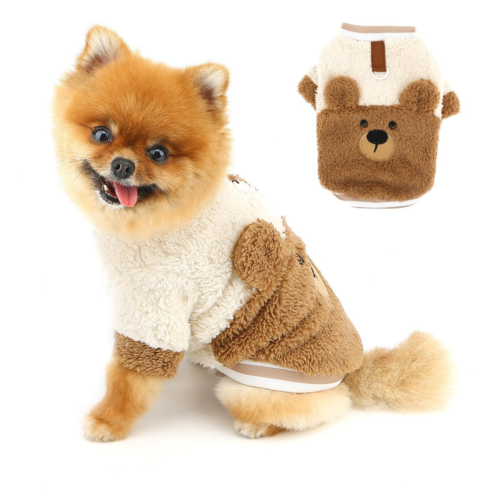 PAIDEFUL Plush Fleece Dog Jumper for Small Dogs, Soft Warm Puppy Pullover with Leash Ring and Cute Bear Design, Cosy Winter Pet Clothing for Chihuahua Yorkie Cats,Brown,XL