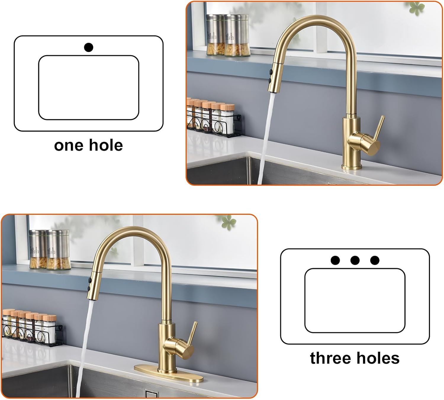 RULIA Kitchen Faucet, Kitchen Sink Faucet, Sink Faucet, Pull-Down Kitchen Faucets, Bar Kitchen Faucet, Brushed Brass, Metal Spray Head, RB1068