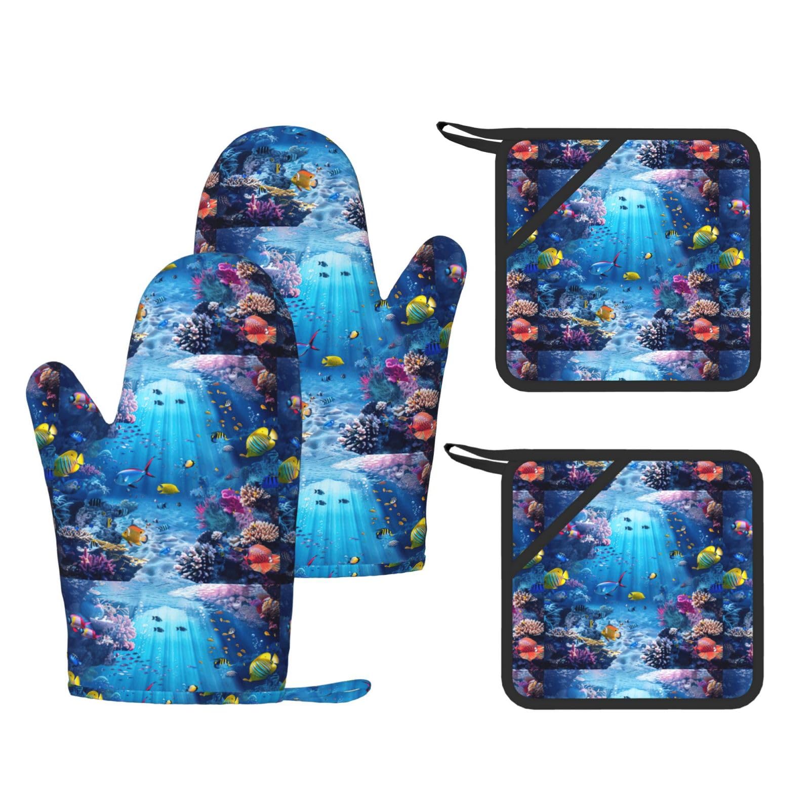 Colorful Ocean Theme Stylish Printed Kitchen Set Including Heat Resistant Gloves and Non-Slip Hot Pads for Cooking BBQ