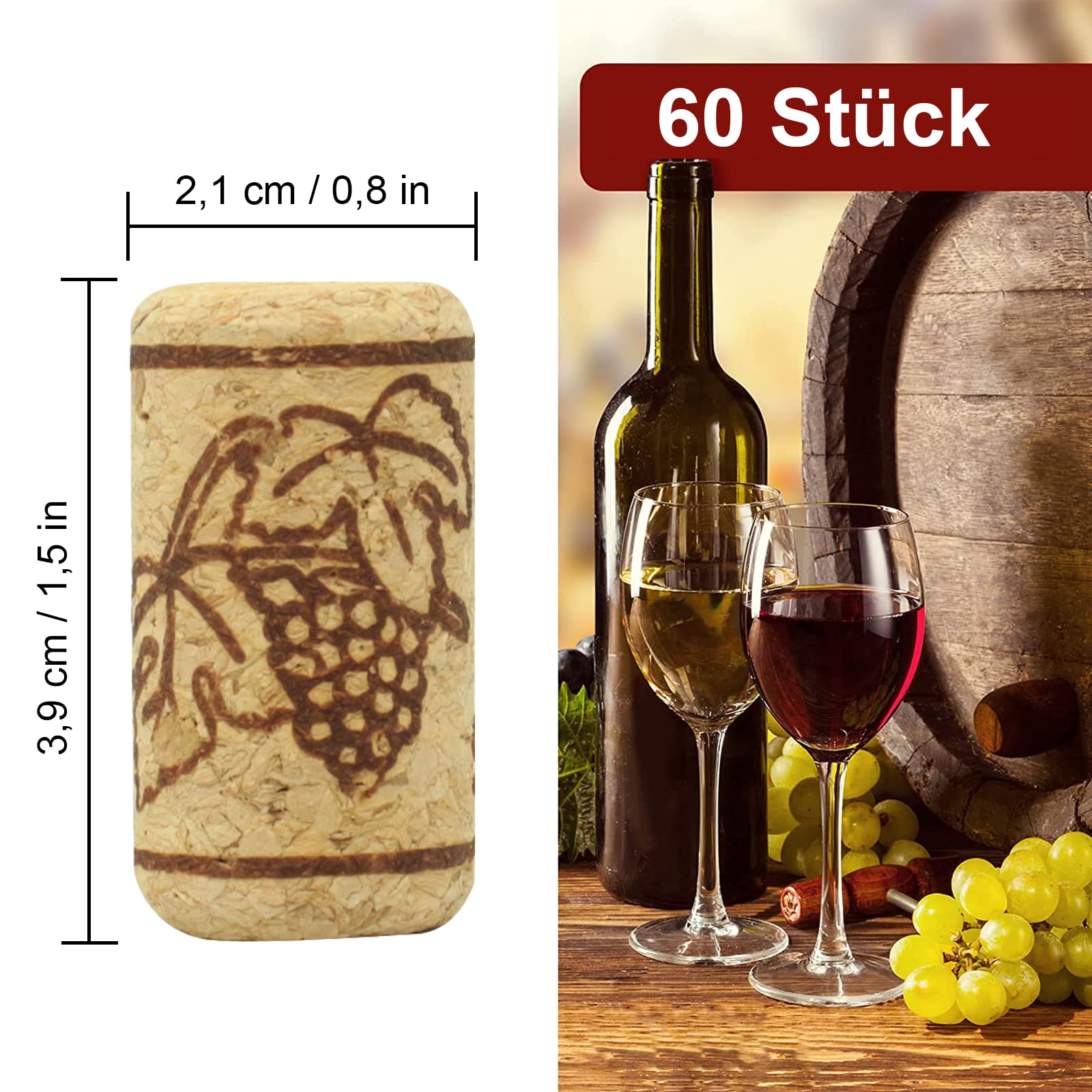 Corchos de Vino (60 Unidades). Corchos de Vino, Botellas y champán para Botellas de Vino, Cerveza y Vidrio. Manualidades. 3,9 × 2,1 cm.