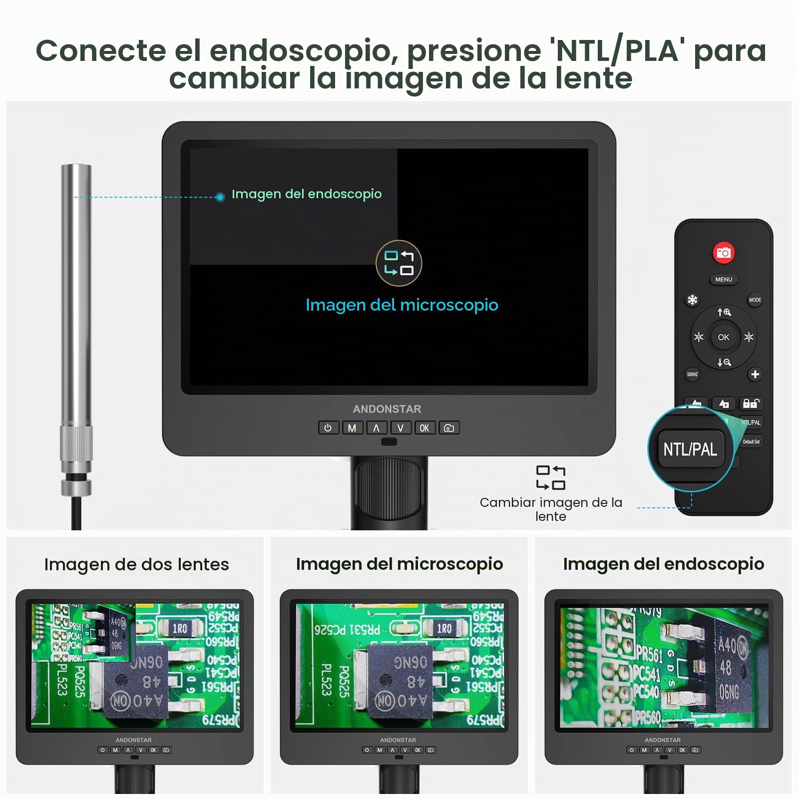 Andonstar AD249S-M Microscopio digital HDMI de 3 lentes 2000x con endoscopio, grabación de video UHD 2160P, microscopio LCD de 10.1 pulgadas, microscopio electrónico de soldadura, microscopio