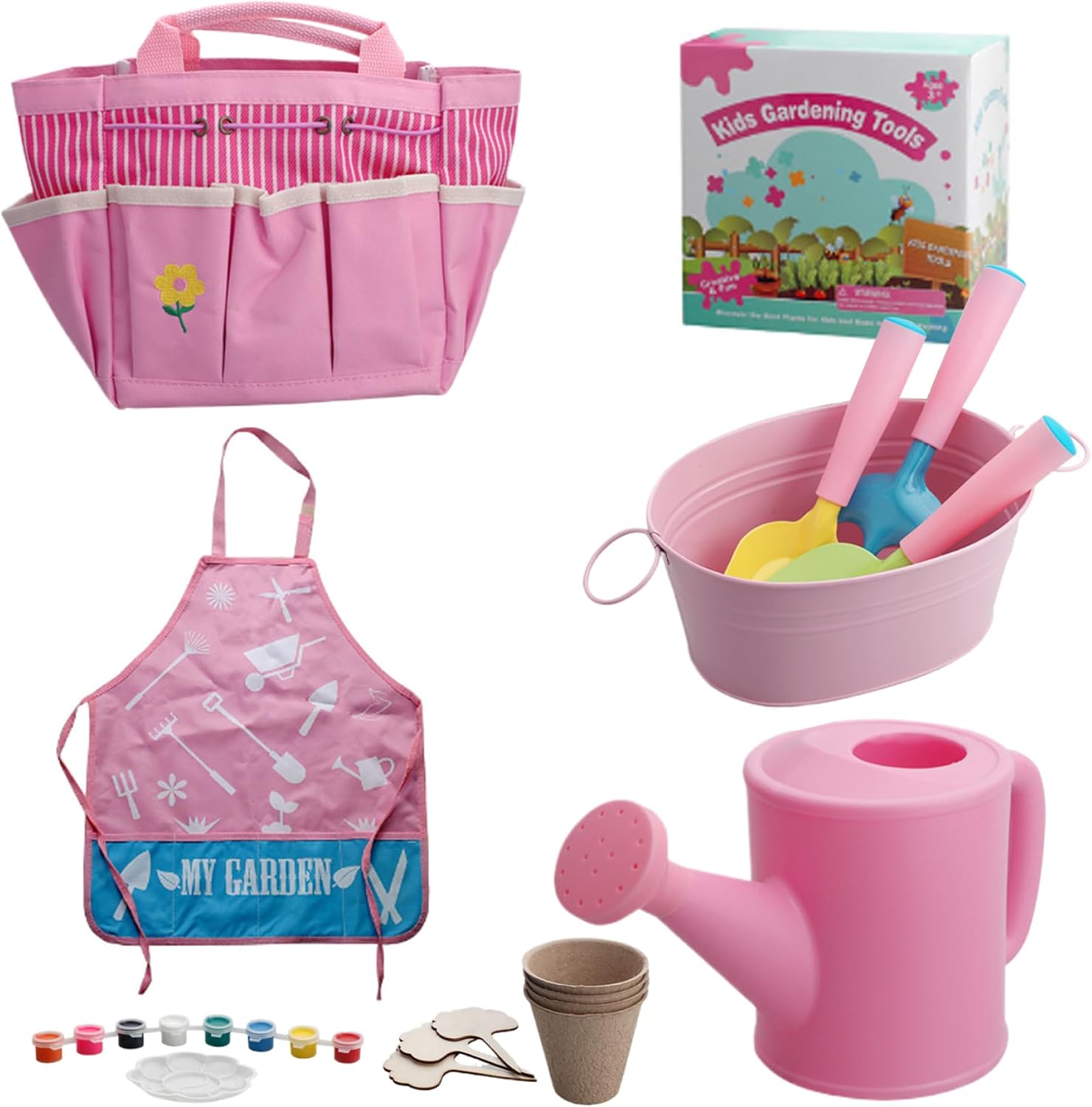 11Pcs Kids Gardening Tool Set for Toddlers, Includes Shovel Rake Fork Pot Apron Watering Can & Tote Bag and Toddler Gardening Set