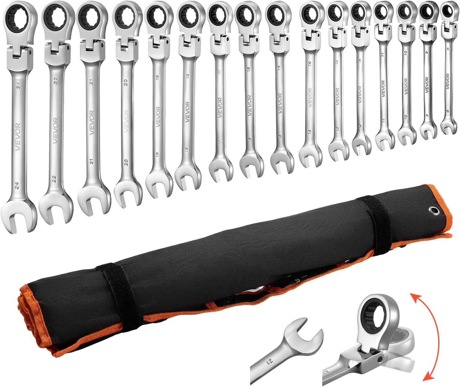 VEVOR Flex-Head Ratcheting Wrench Set, 30-Piece SAE and Metric, 72 Teeth, Cr-V Steel Ratchet Flexible Combination Wrench Set with Roll Up Pouch, for General Household and Automotive Repairs, Silver