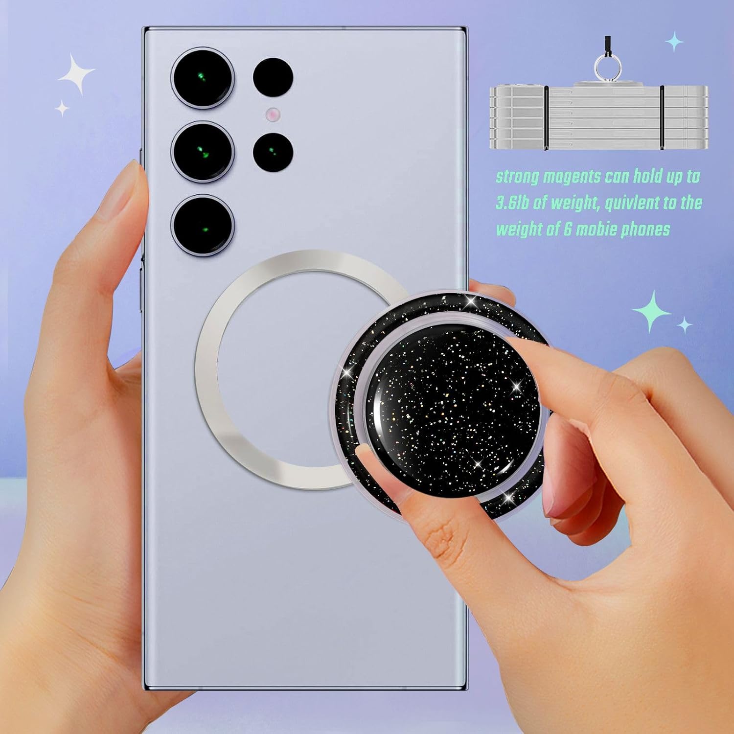 Magnetic Glitter Phone Holder Compatible with Phones, Foldable Phone Grip Stand for Magsafe Smartphones, Tablet,Phone Case - Transparent Black Sparkly