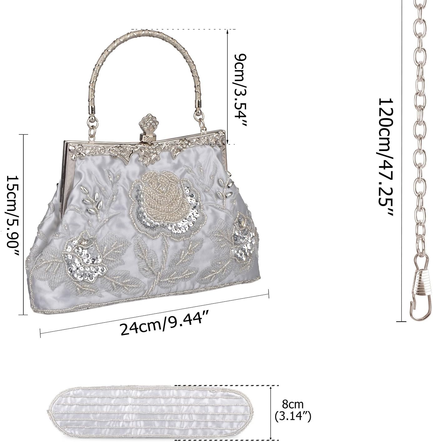 Women's Handbag Vintage Rose Embroidered Beaded Sequin Evening Bag Wedding Party Clutch Purse