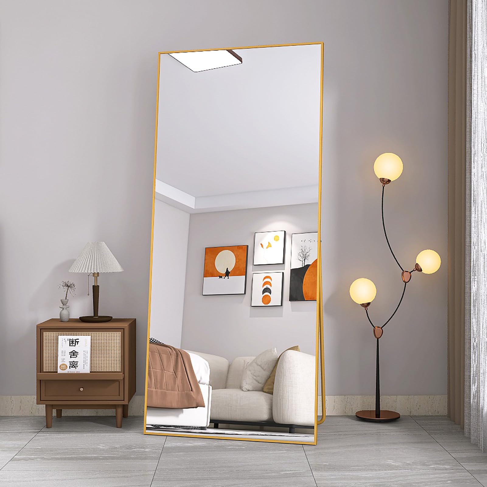 PerGar Minimalistyczne lustro stojące w ramie, 180 x 80 cm, lustro stojące na całe ciało z ramą ze stopu aluminium, duże lustro ścienne, nowoczesne lustro do sypialni, salonu, złote