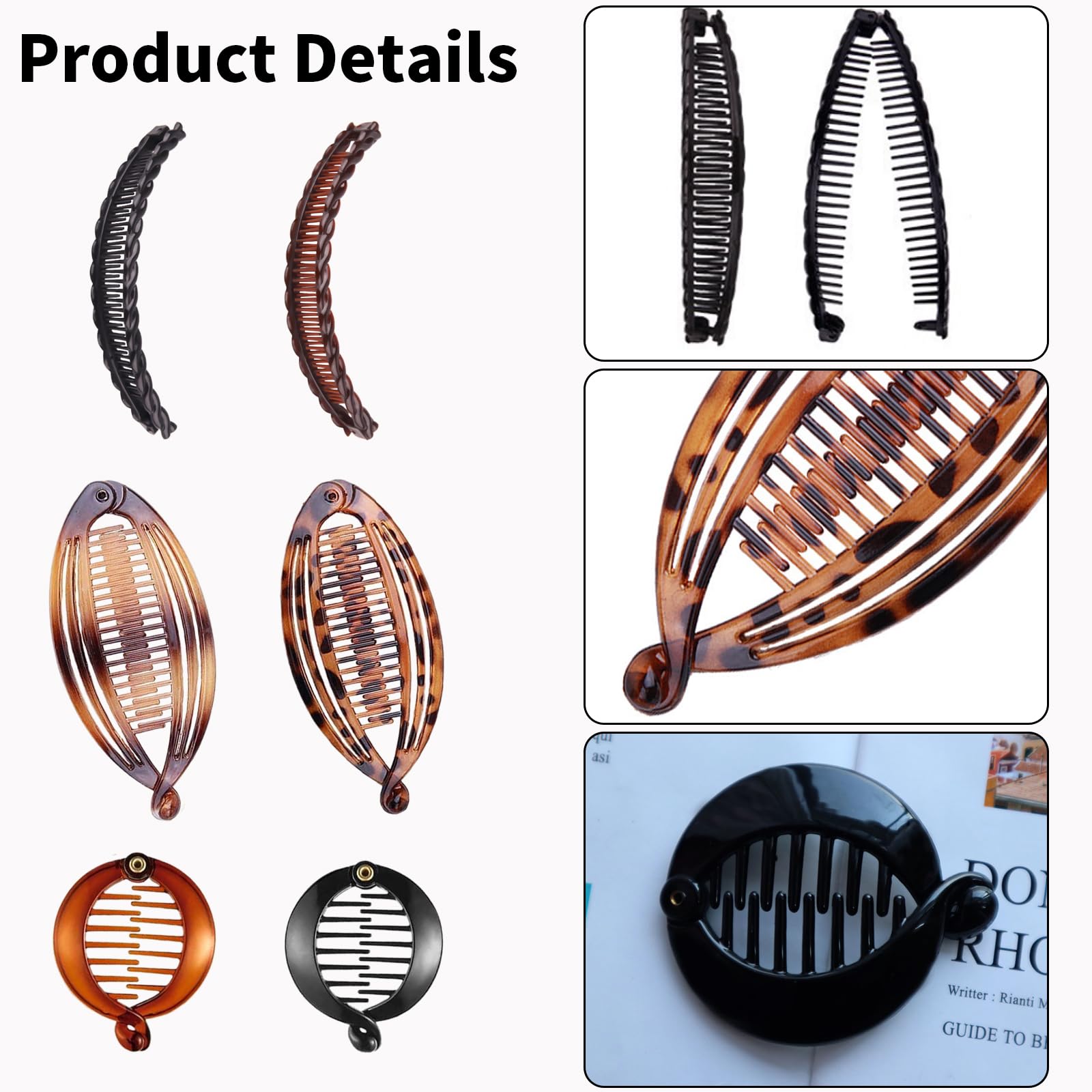 Ycfish Banana Hair Clips (6 Pcs) - Women's Retro Claw Hair Clip - Black Solid - Polypropylene - Suitable for All Hair Types - Image 2