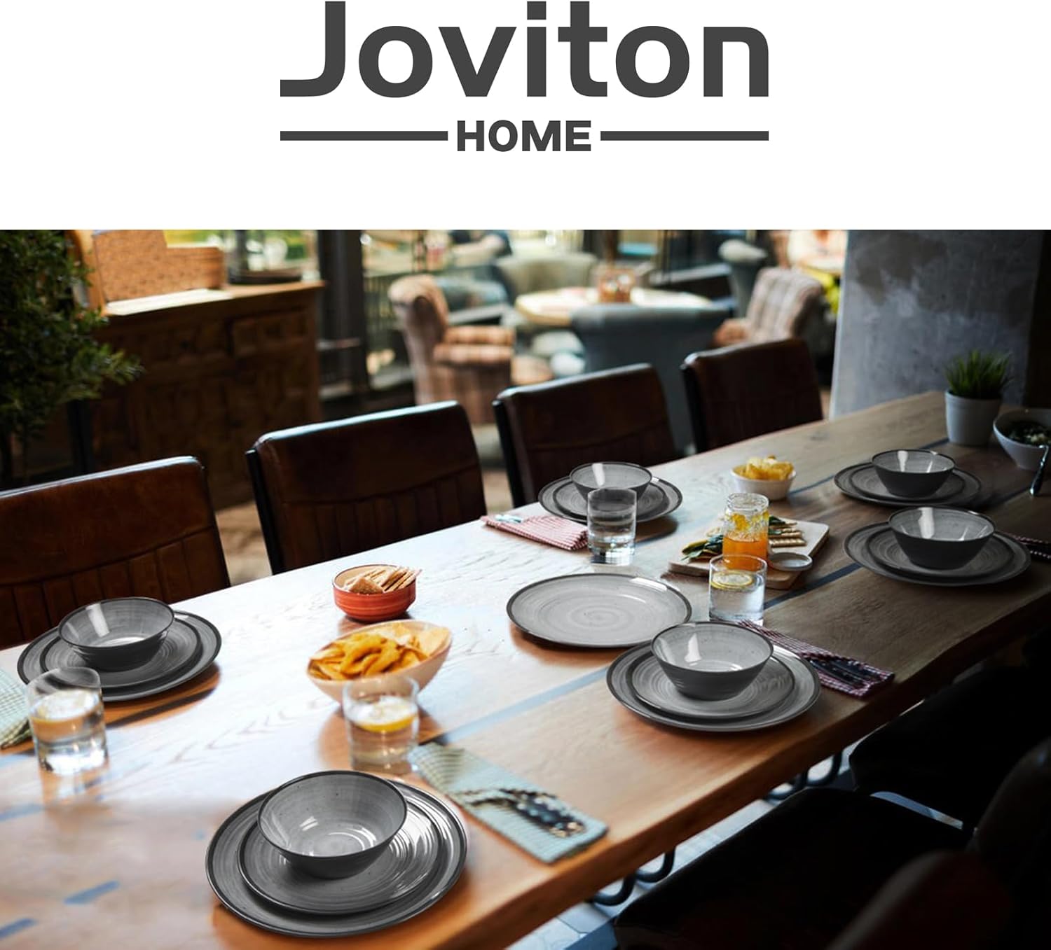 24-Piece Swirl Grey Melamine Plastic Dinnerware Sets for 8, Melamine Plates Set of 24PCS, Plates and Bowls Sets for Camping (Cool Grey)