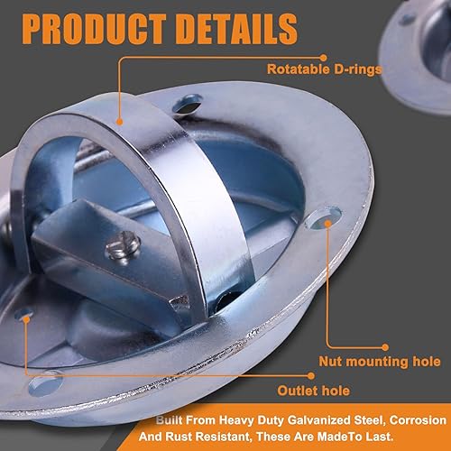 Miniatura 16 de Black 4Pack X Recessed Tie Down D-Rings Anchor, 6,000 lb. Capacity, with Backing Support Plates, for Flatbed Trailer/Truck, Great for Securing