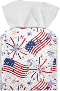 USA Flag Firework Tissue Box Holder Portable Lightweight Square Tissue Box Cover Holder with Metal Button Waterproof Napkin Case