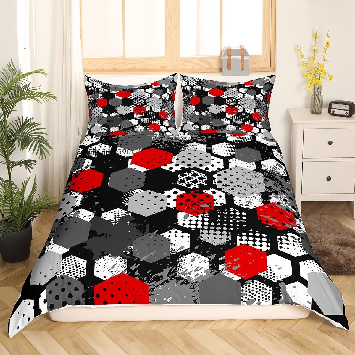 Manfei Honeycomb Duvet Cover Set Single Size, Red Grey White Hexagon Comforter Cover with 1 Pillowcase - Image 3