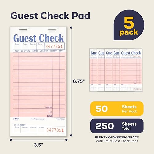 Miniatura 10 de FMP Brands Libros de cheques de invitados para servidores, papel de bloc de notas de servidor, total de 500 hojas (10 blocs), azul con recibo