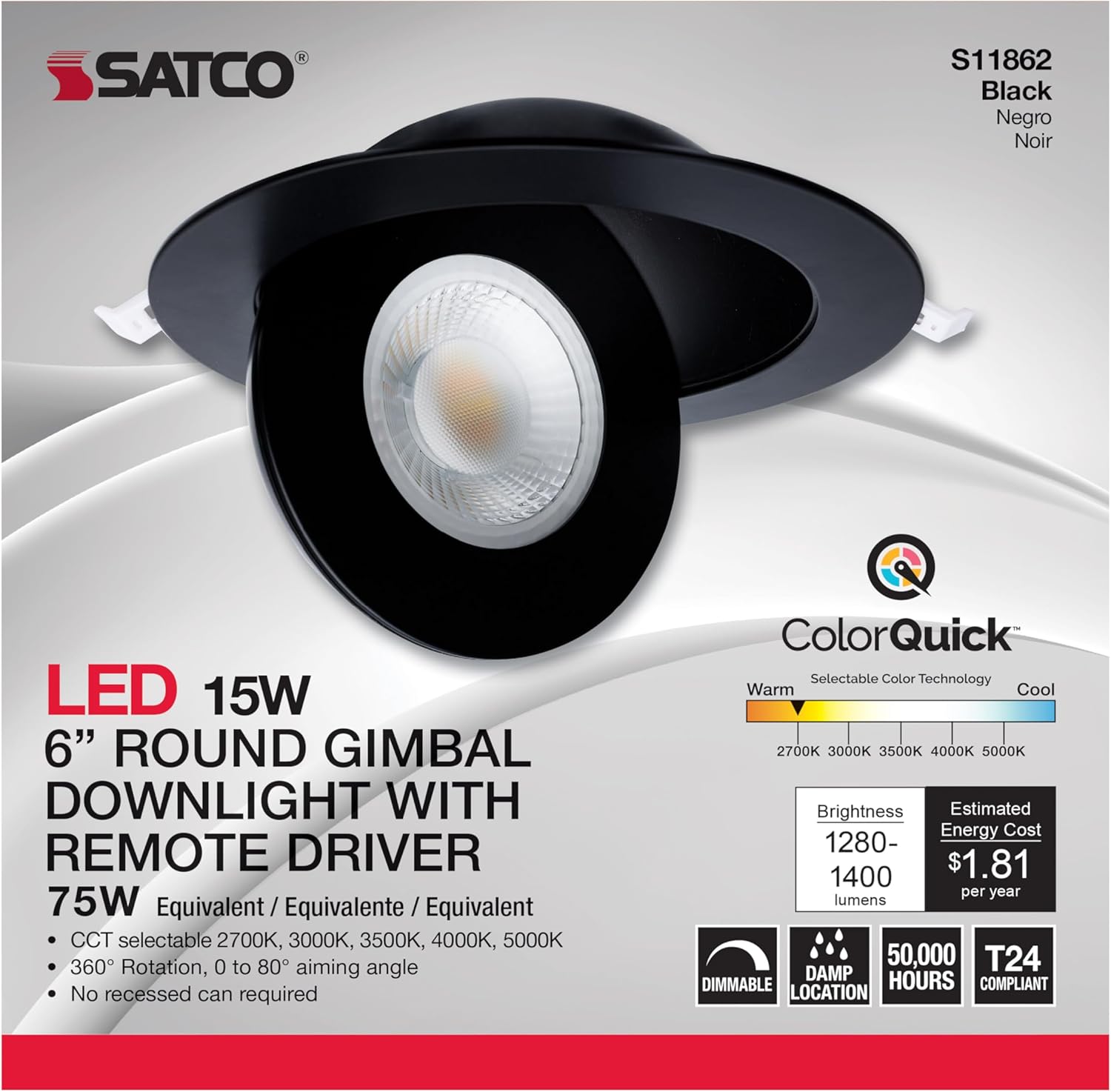 Satco S11862 15W LED Direct Wire Gimbal Downlight, 6 in. Round with Remote Driver, Selectable CCT 2700K-5000K Warm to Cool White, 1280L-1400L Lumens, Black, 120V, 75W Incandescent Equivalent