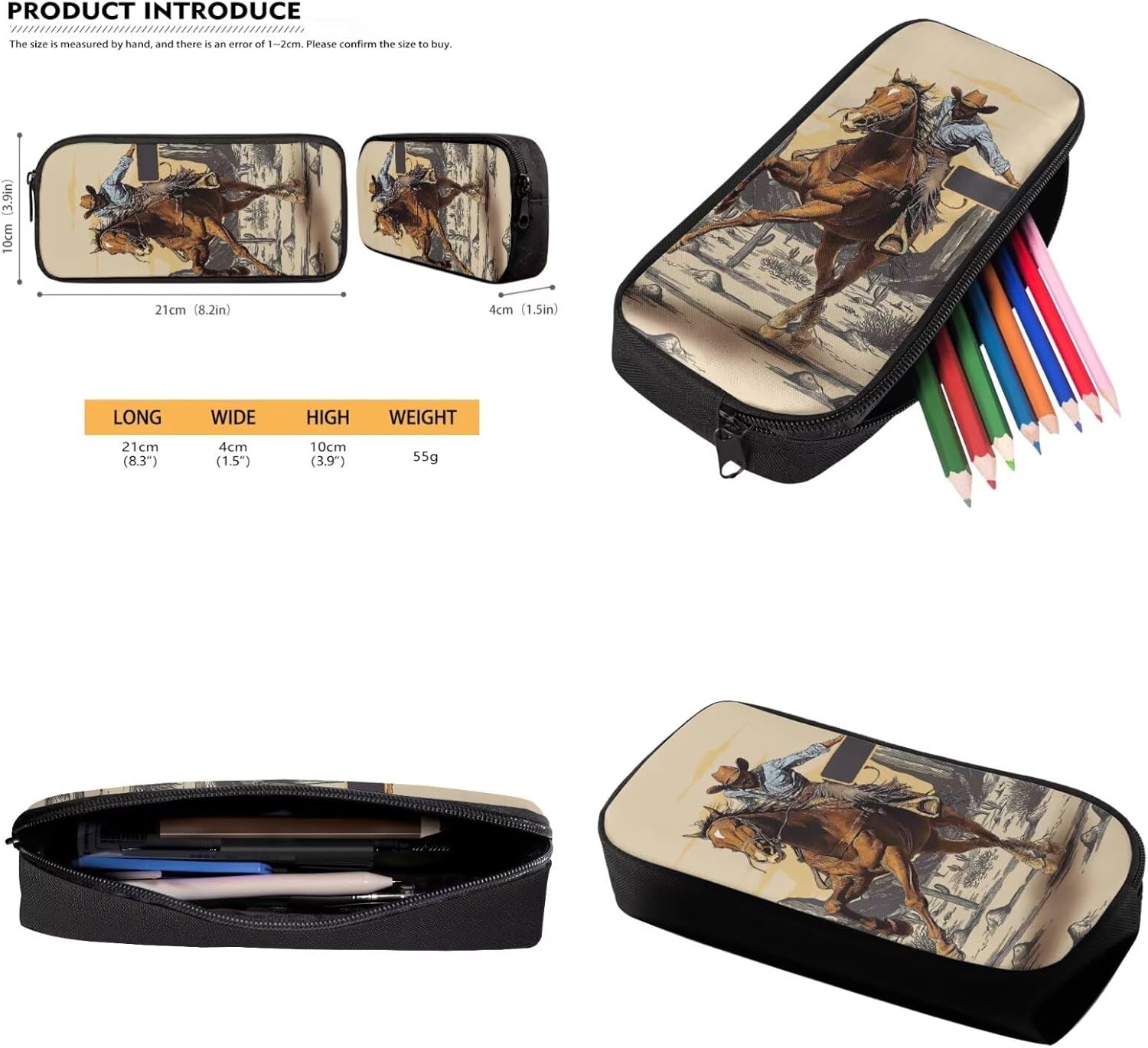 Cowboy Horse Print Backpack and Lunch Box Set for Boys Kids, Customized Bookbag Set with Pencil Case, 17 Inch Lightweight Travel Backpack for Hiking Camping Picnic