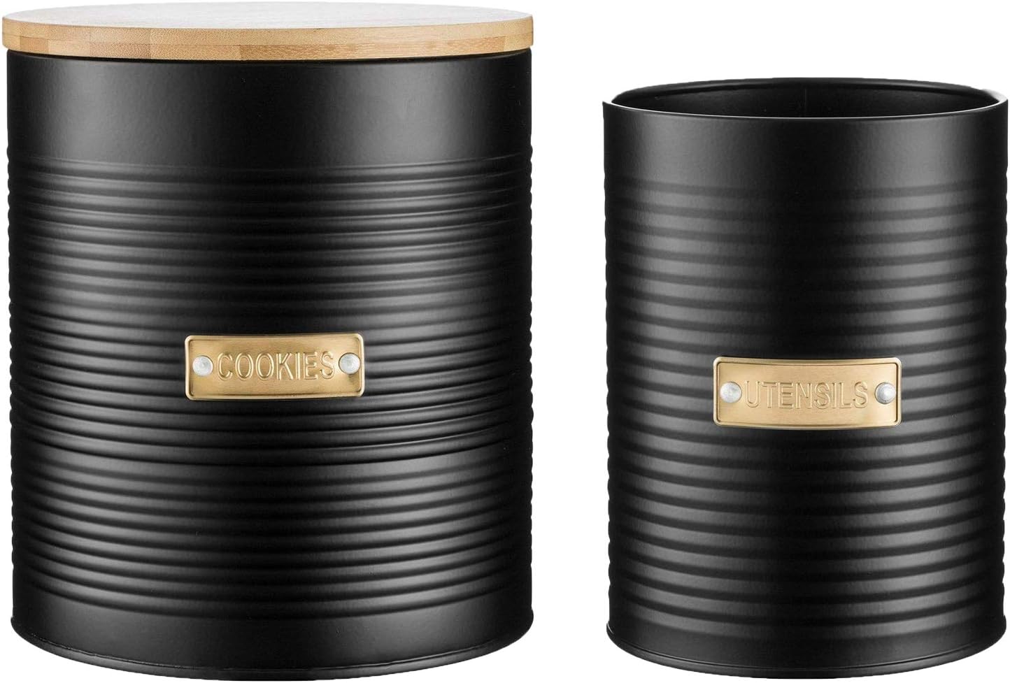 Typhoon Otto Utensil Pot and Airtight Biscuit/Cookie Storage Canister with Bamboo Lid, Set of 2, Black/Gold