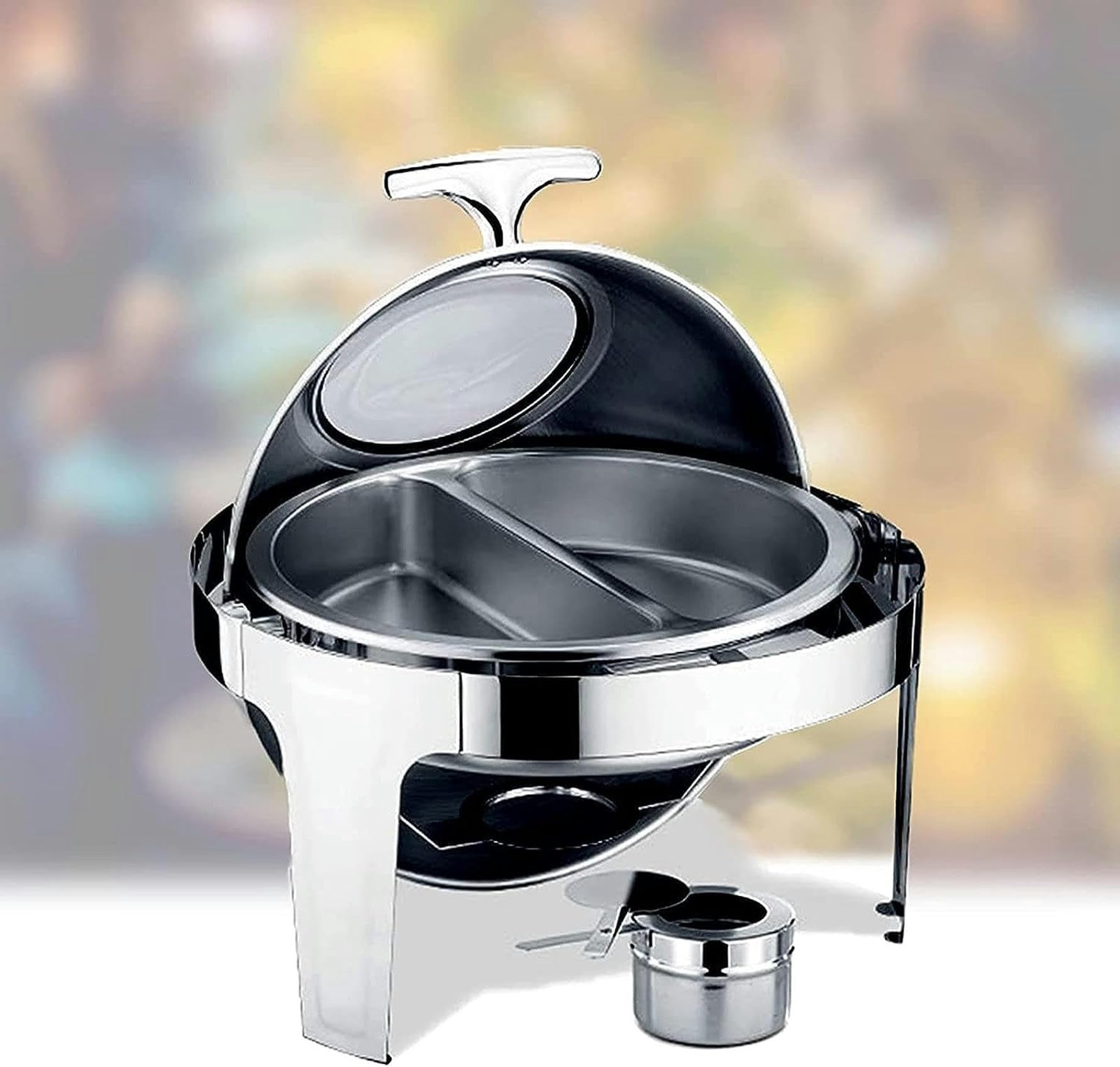 Chauffe-plat traiteur rond en acier inox 6L avec couvercle transparent