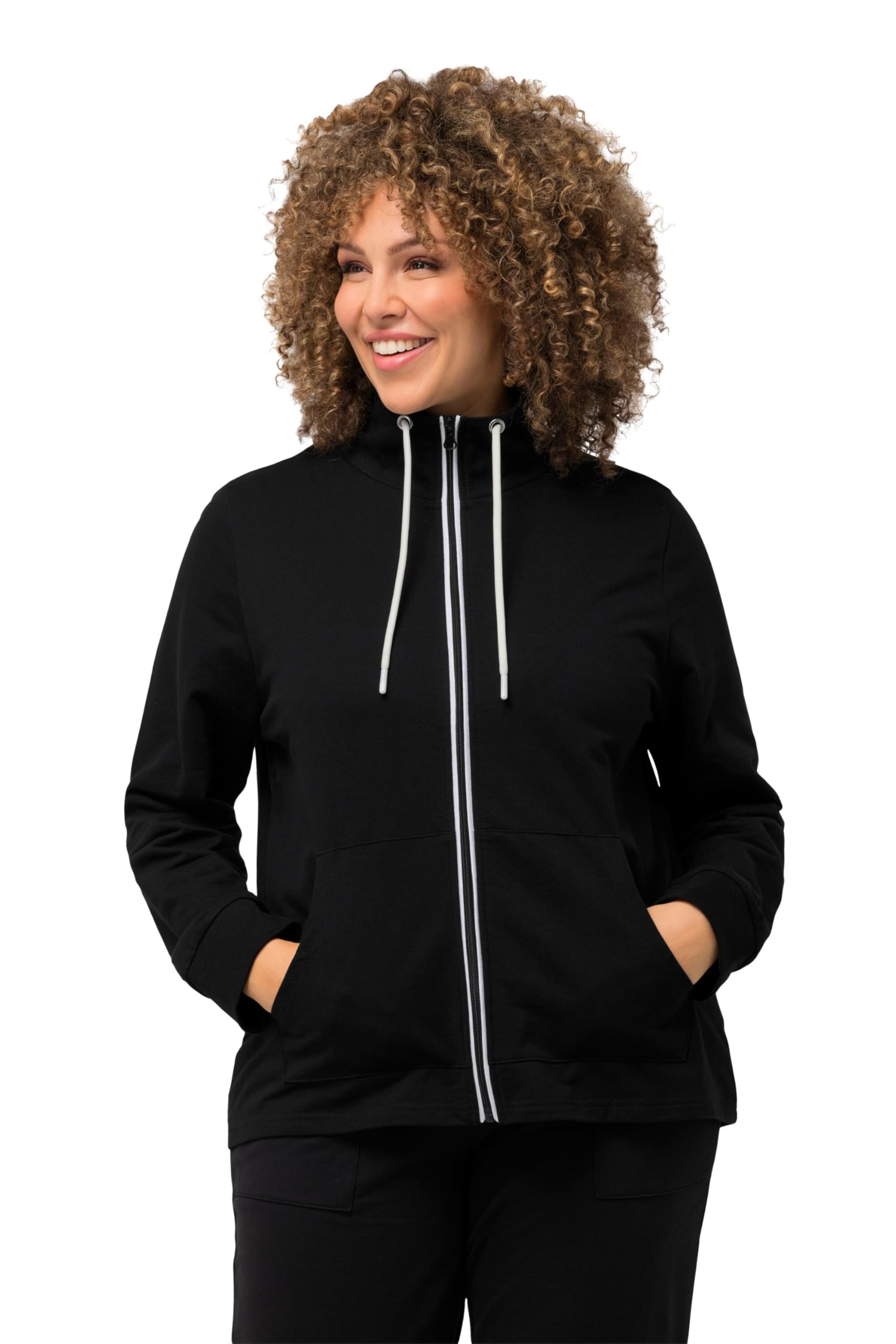 Ulla Popken Women's Black Sweatjacke, Stehkragen, Kängurutaschen Sweatshirt, 46-48