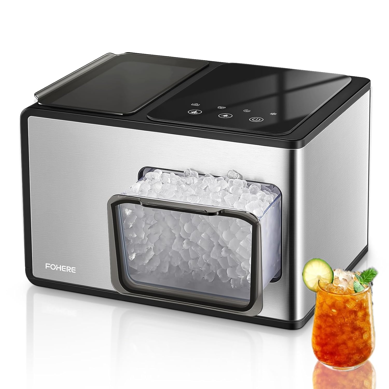 Nugget Ice Makers Countertop V4, 5 Mins Production Time, Up to 40 lbs. of Ice per Day, Self-Cleaning, Touch Panel, Deeper Cleanable Pebble Ice Maker, Fingerprint-Free Stainless Steel Finish, FOHERE