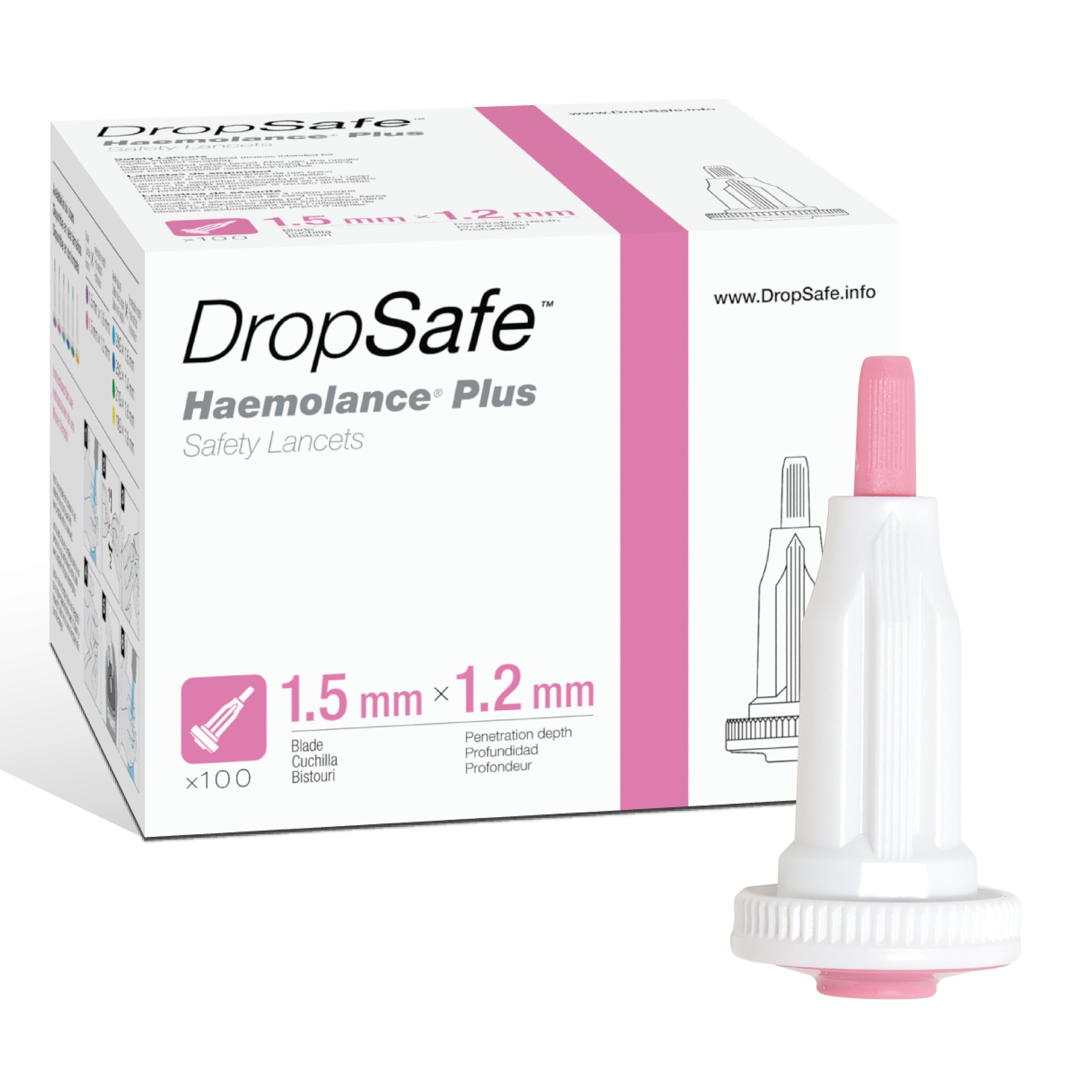 Haemolance Plus Safety Lancet, Pediatric, 1.5mm Blade, 1.2mm, Top Button Activated for Blood Sampling, Sterile, Single-Use, 100ct Box