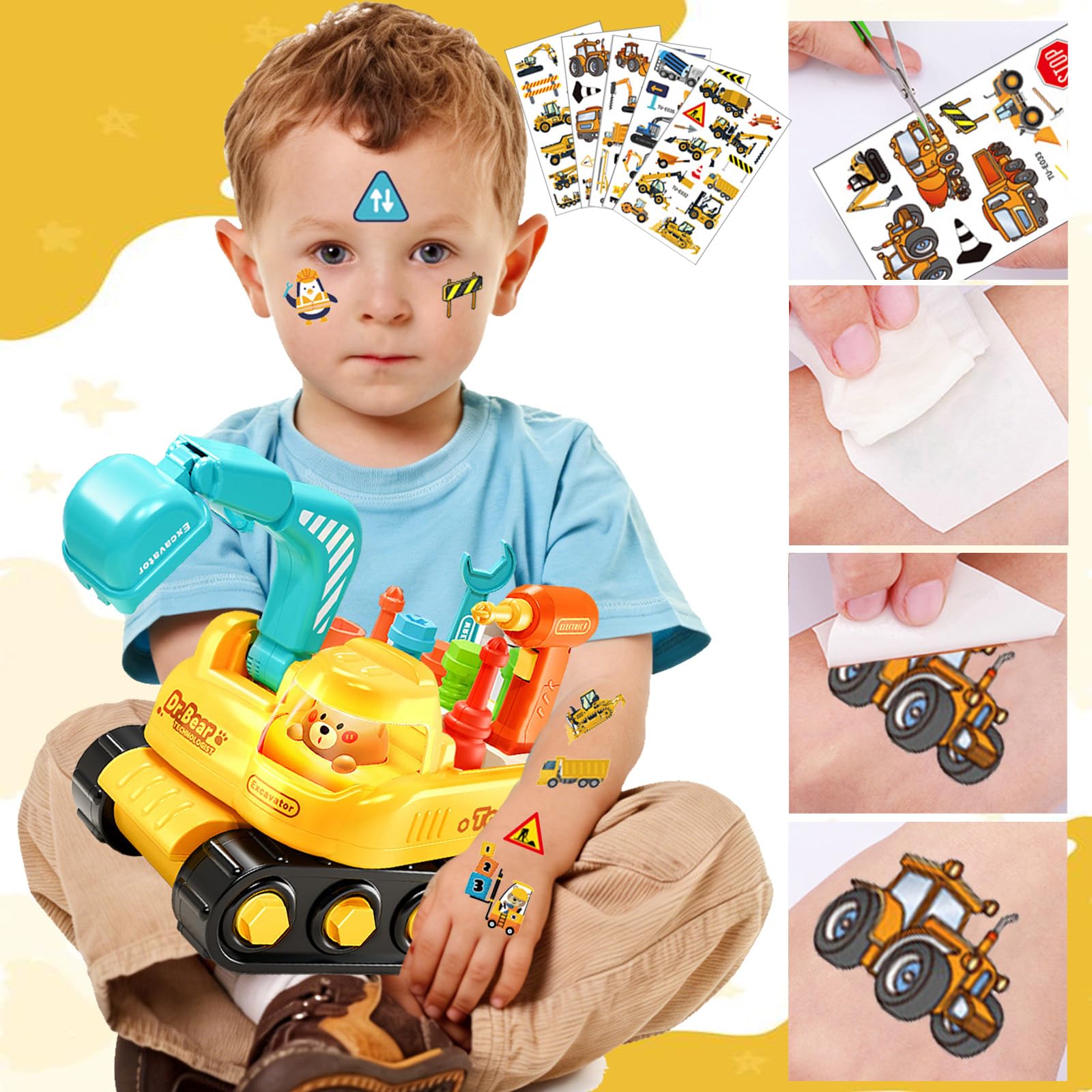 Pelleteuse Enfant, Bricolage Engin de Chantier Enfant avec LED éclairage & Musique, DIY Educatif Montessori Creatif Tracteur Jouet, Etabli avec Visseuse Perceuse Outilsenfant Cadeau Garcon 4 ans