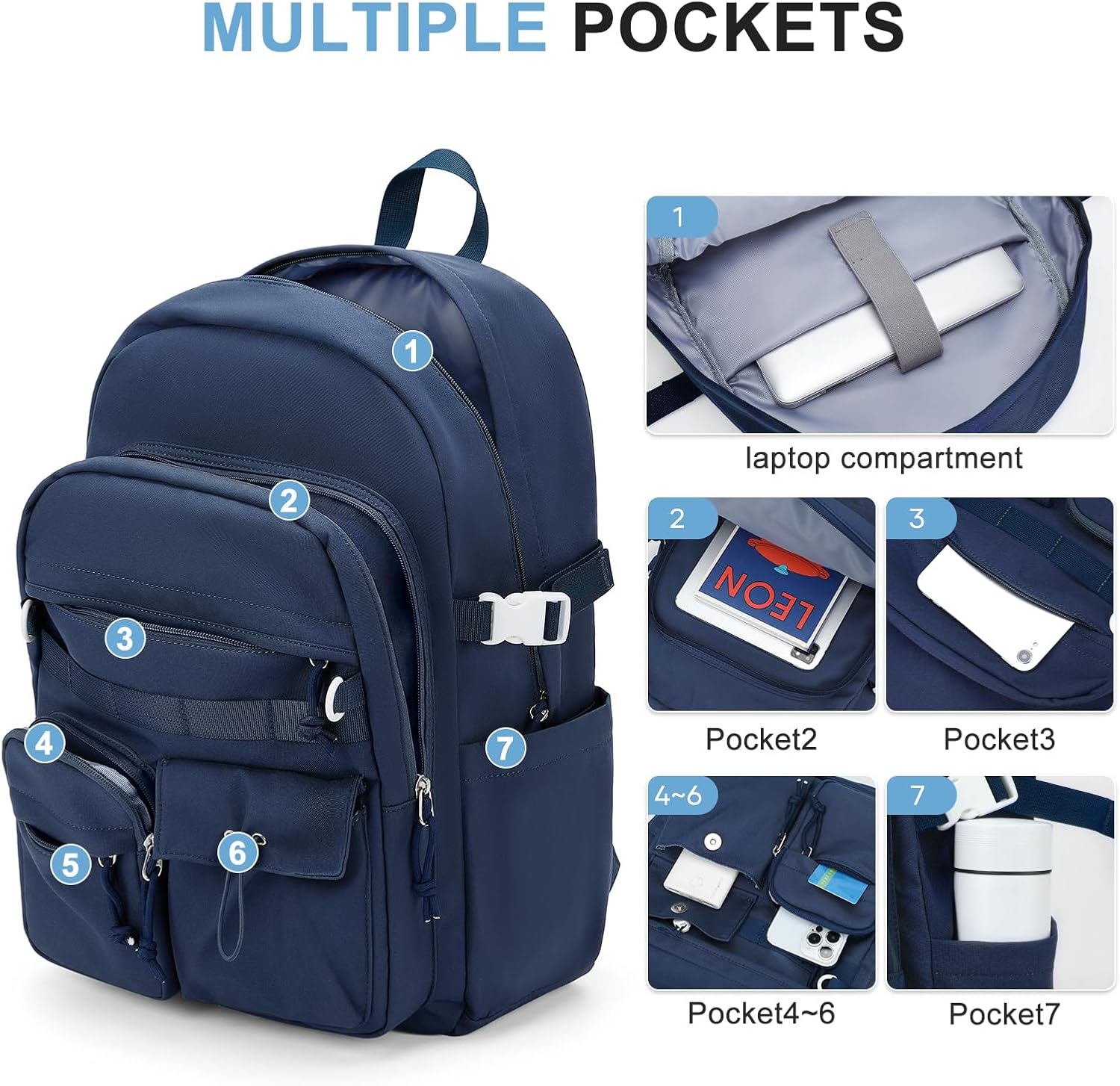 weradar High School Backpack For Women Men,Aesthetic College Backpack With Lots of Pockets,Lightweight Middle School Bag For Teens Girls Boys,Cute Bookbag(Blue) - Image 4