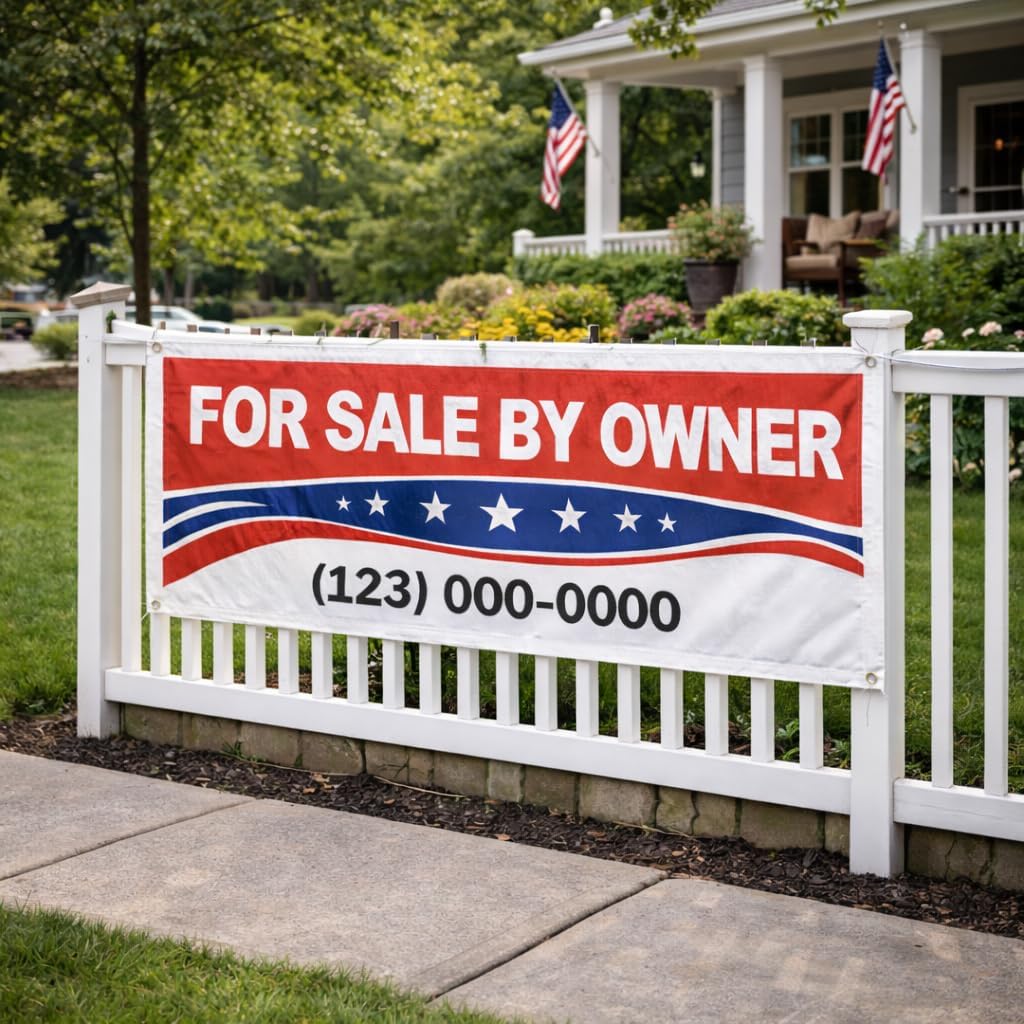 For Sale By Owner Banner 48 x 21 Inch, Heavy Duty Waterproof Outdoor Vinyl FSBO Sign with Write-On Phone Number Area, 4 Grommets, Includes 4 Zip Ties, UV Resistant Yard Sign (Red)