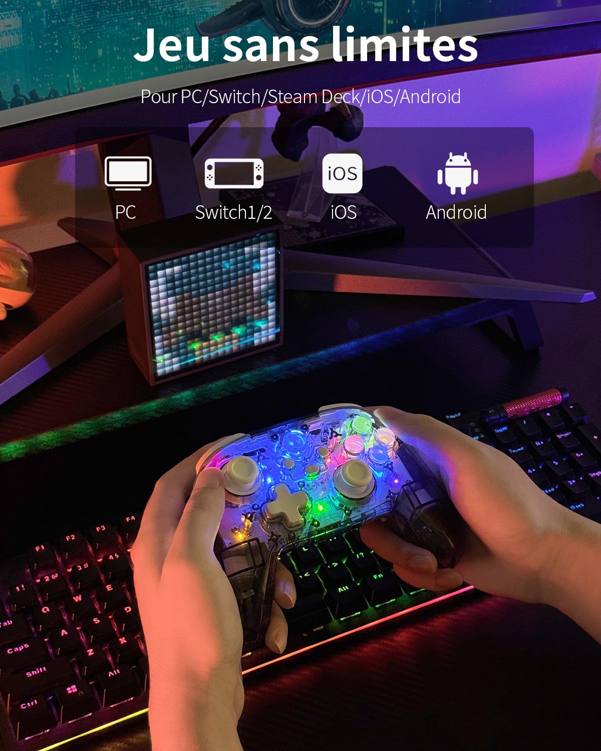 PALPOW Manette PC Sans Fil 2.4G avec Joysticks et Gâchettes à Effet Hall, Manette de Jeu pour Windows/Android/Steam Deck/iPhone/Switch 2, Gamepad Bluetooth avec 8 Couleurs RGB/Turbo - Transparent