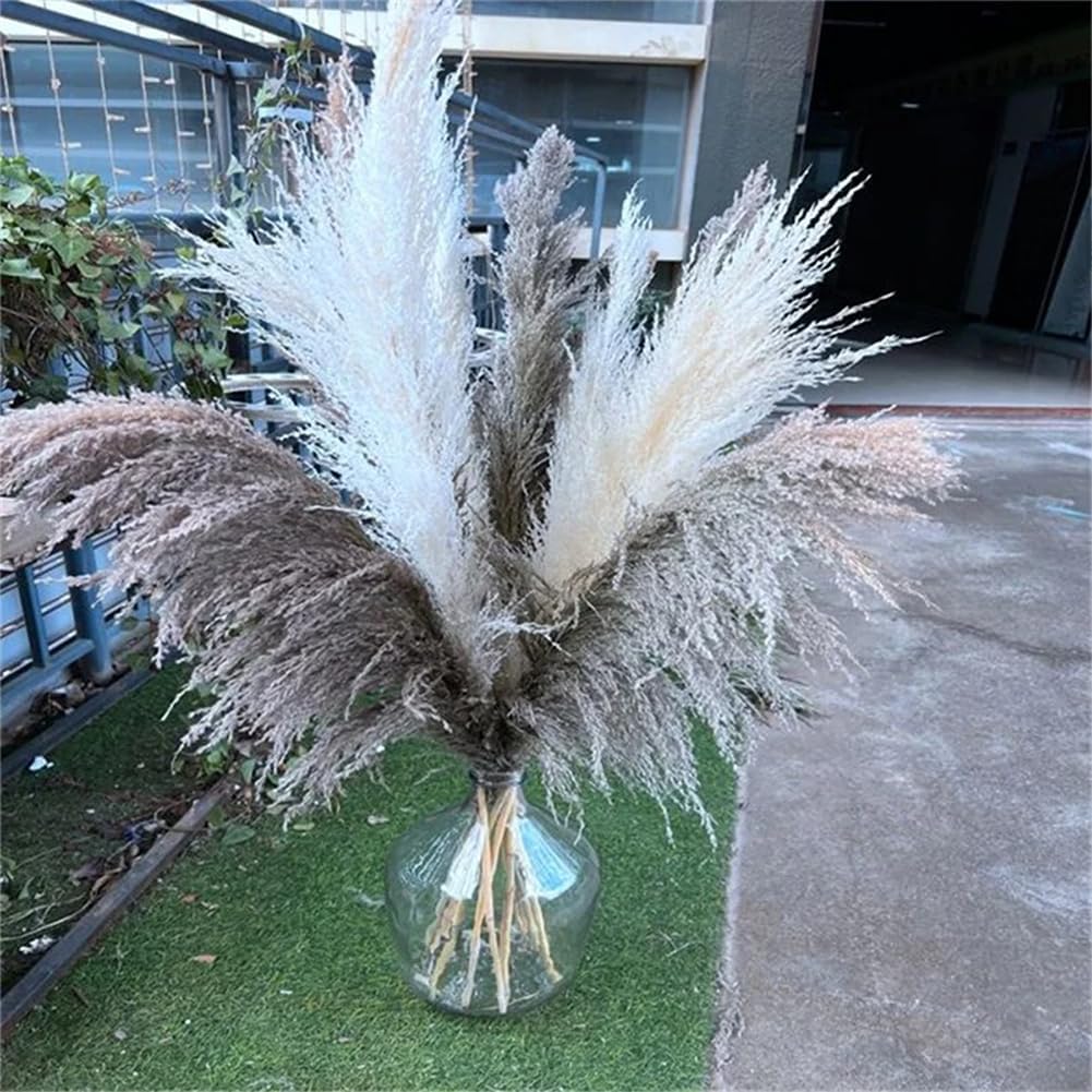10pcs Dried Pampas Grass Decor, 23.62inch Fluffy Natural Pampas Grass Boho Floral Bouquet for Wedding Party Table Vase Decor, Splicing Size 43.3-47.24 inch, White