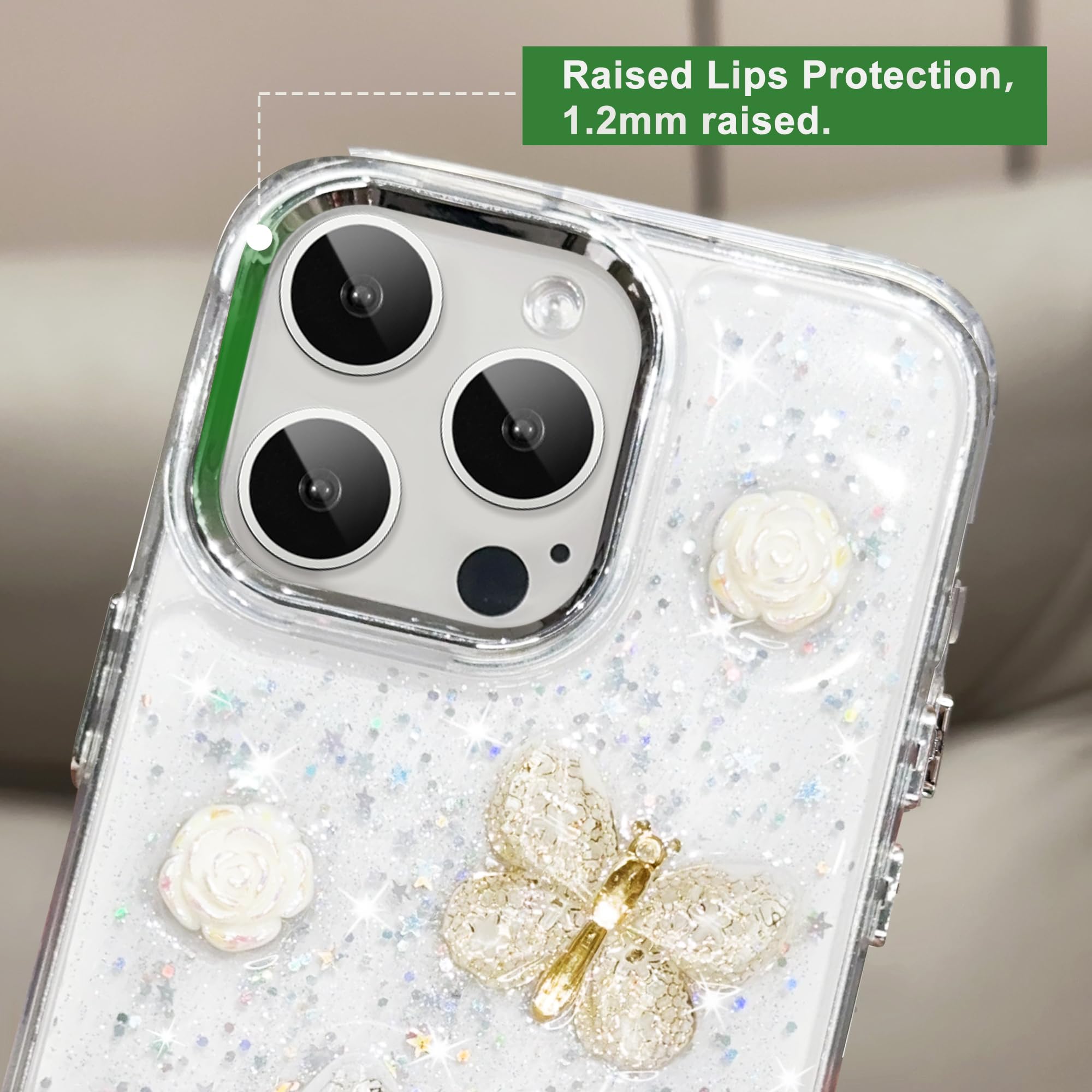 UEEBAI Sparkly Glitter Bling Case for iPhone 13 Pro Max, 3D Clear Aesthetic Cute Butterfly TPU Phone Flower Case - Image 2