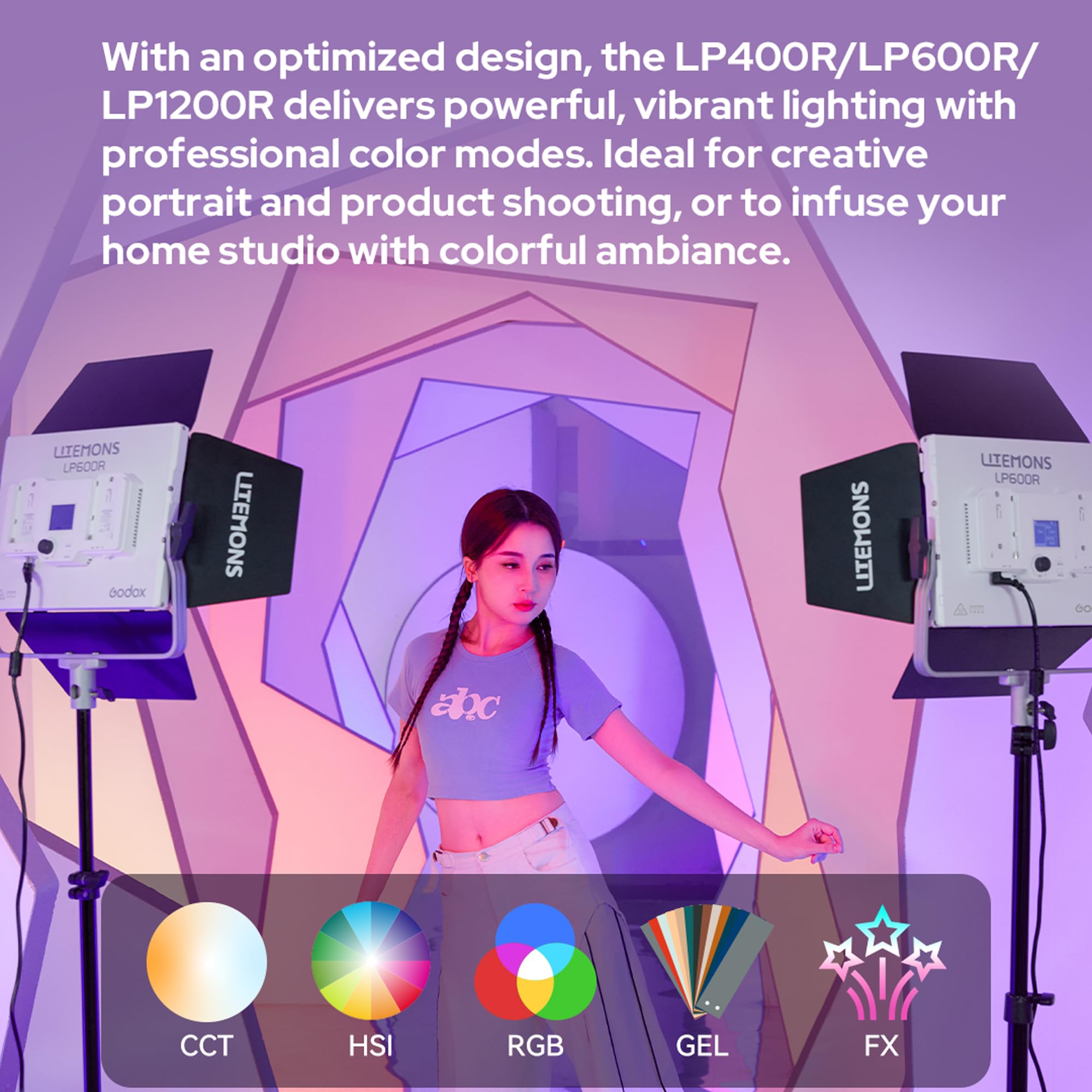 GODOX Litemons LP600R panel oświetleniowy LED RGB 60 W, zestaw 2 sztuk, ze stojakiem świetlnym, 1800 K - 10000 K, 9270 luksów przy 0,5 m, sterowanie aplikacją do fotografii studyjnej, nagrywania wideo
