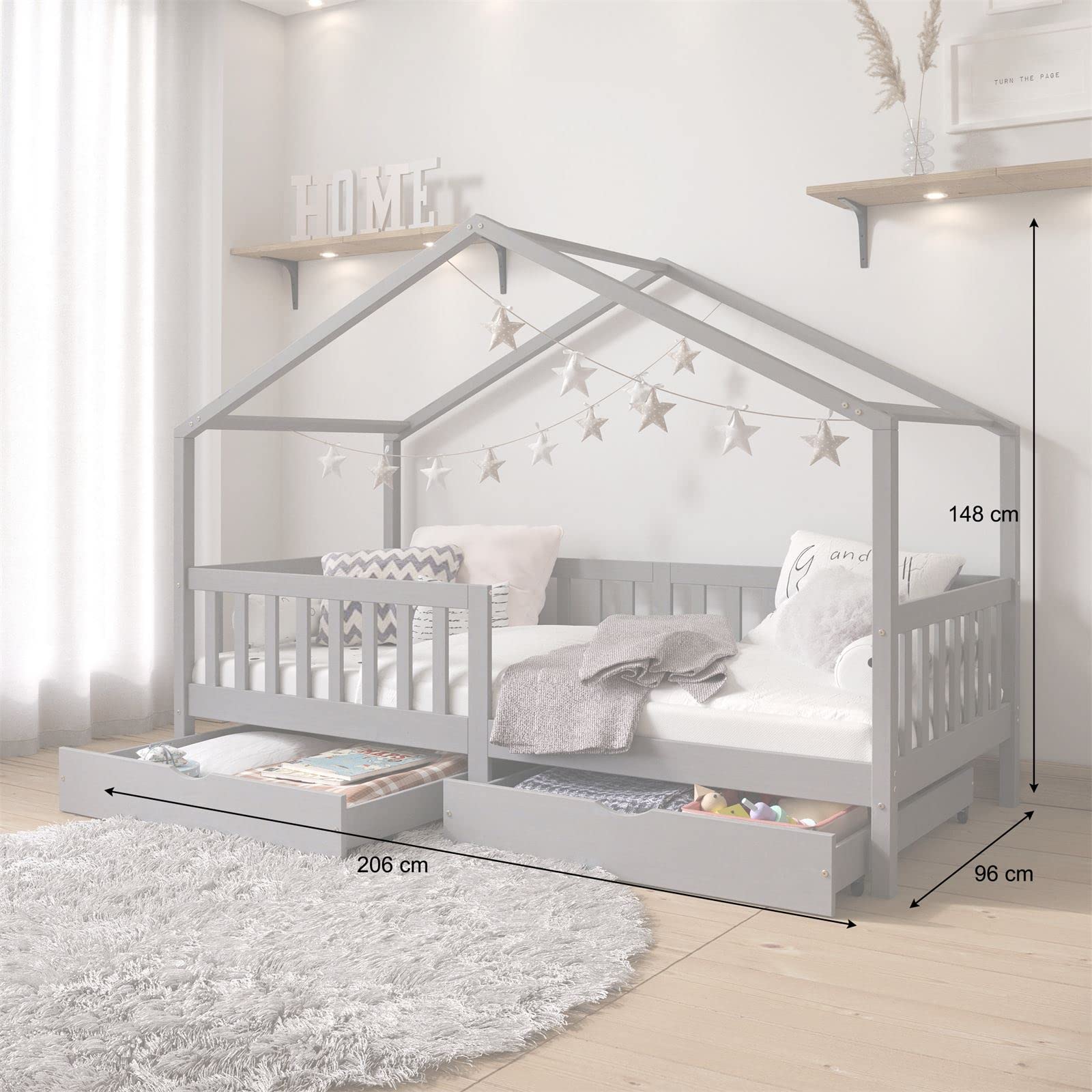 IDIMEX Hausbett ELEA aus massiver Kiefer, Kinderbett mit Rausfallschutz 90x200cm, Spielbett mit Dach in grau