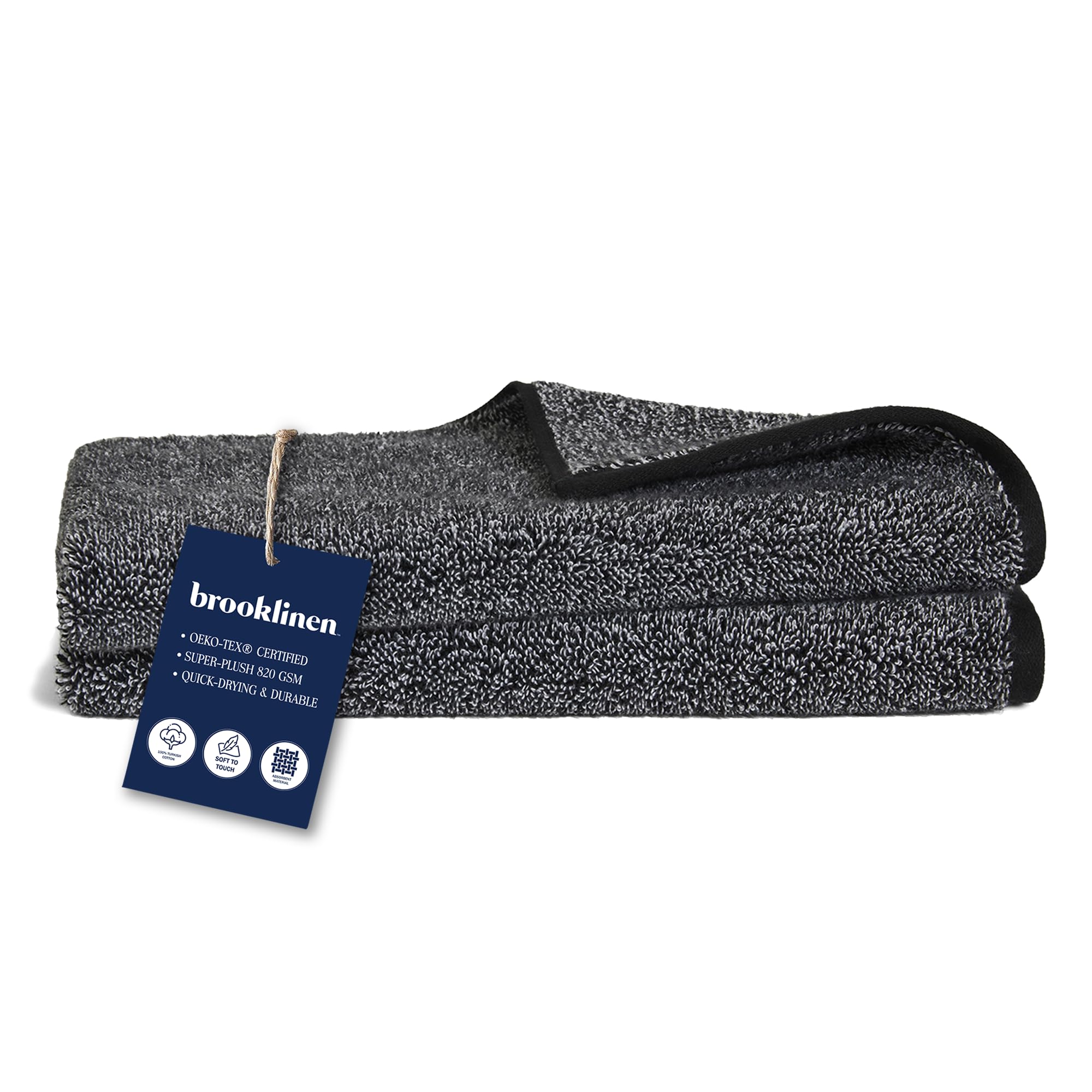 Brooklinen Super-Plush Turkish Cotton Hand Towels Set of 2 Cotton, 820 GSM, Highly Absorbent, Machine Washable, Perfect for Home & Bathroom (20"x30", Marlled Black)