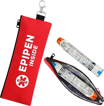EpiPen Carry Case for 1 EpiPens Insulated, Double Sided Emergency Printing Epipen Holder Bag with Carabiner, Waterproof Travel Epipen Case for Asthma, Allergies, Sports & Outdoor Emergencies Red