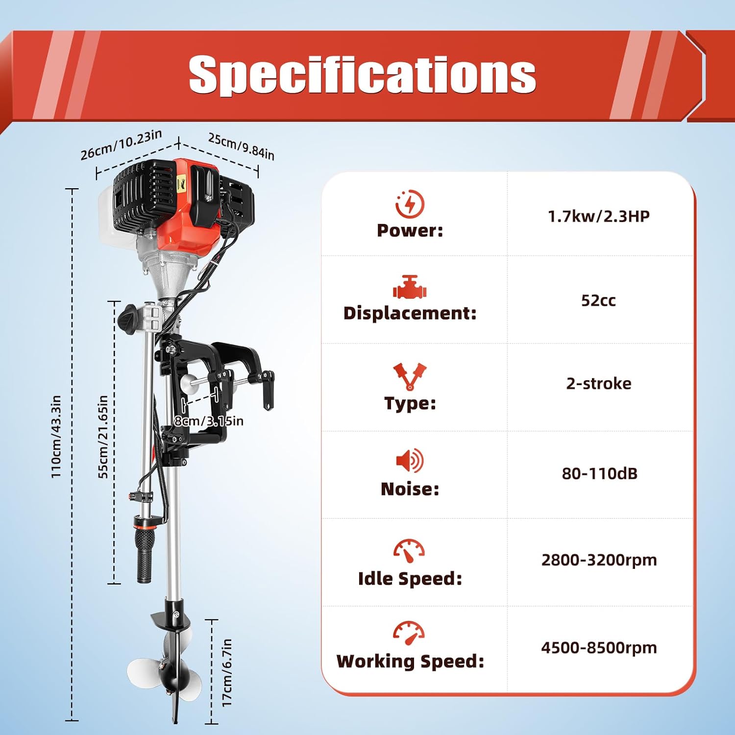 2.3HP 2-Stroke Outboard Motor, 1.7KW 52CC Outboard Boat Engine Motor Marine Boat Motor with 0.22gal Fuel Tank, Manual Pull Start for Inflatable Boats, Fishing Boats