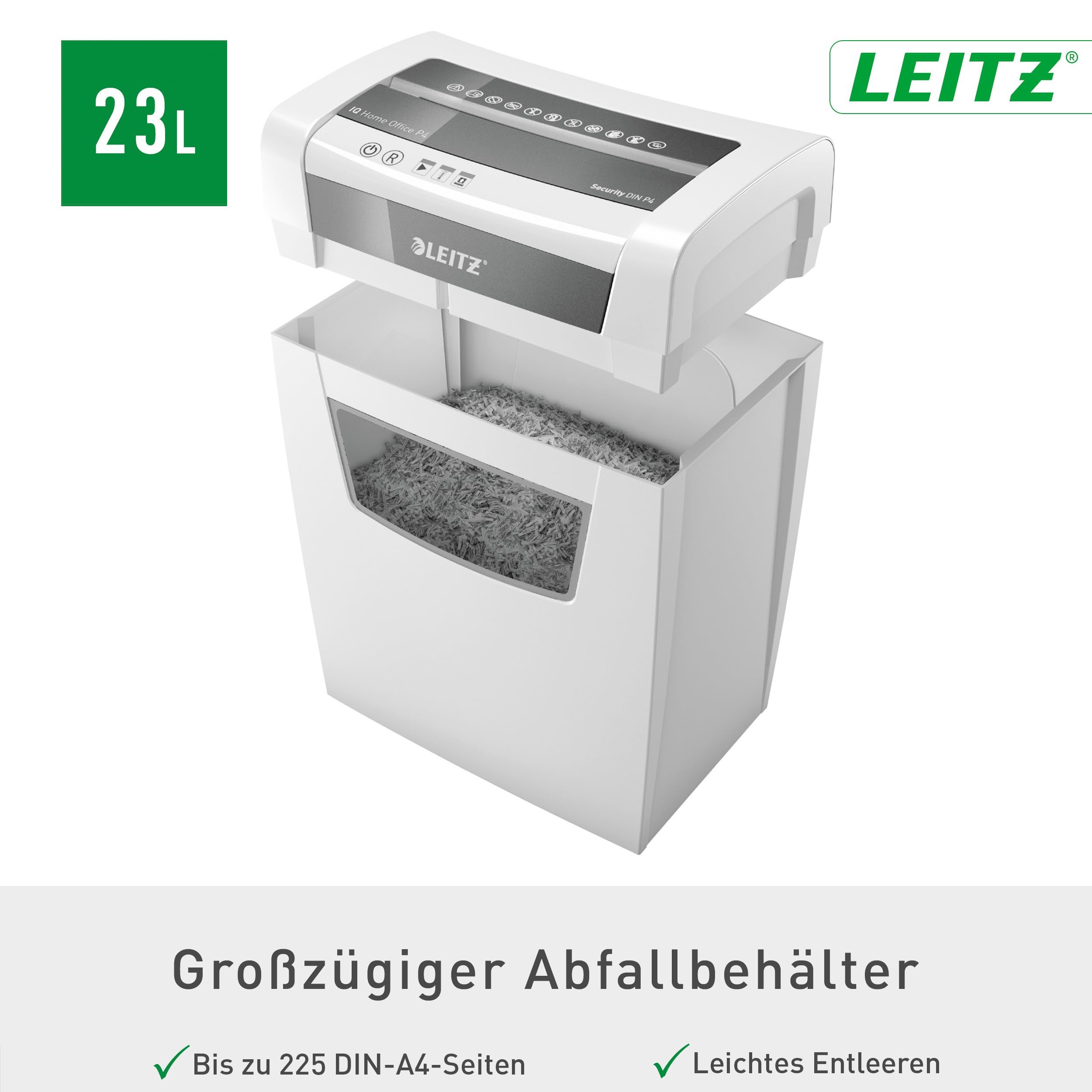 Leitz IQ Aktenvernichter Home Office, 12-10 Blatt (70-80 g/m²), TÜV+GS zertifiziert, Partikelschnitt, Sicherheitsstufe P4, Die Nummer 1 am Markt, 23L Behälter, Schredder für Büro, Weiß, 80090000