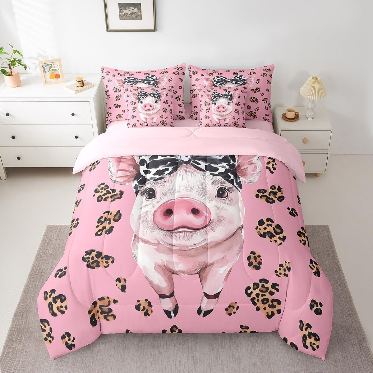 Feelyou Pig Comforter Set with Sheets Queen Size Cute Bed in a Bag for Boys Girls Teens Bow 7 Pieces Bedding Set Pink Bed Set Room Decor Small Animall