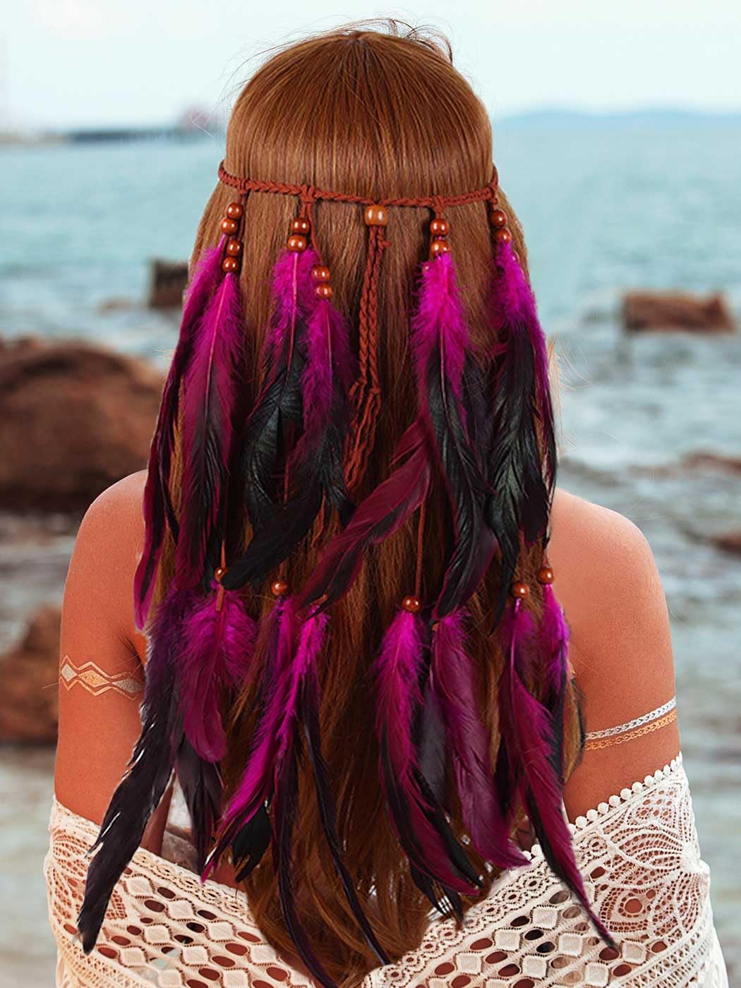 GORTIN Boho Feather Headband Hippie Headpiece Gypsy Indian Costume Headdress Hair Accessory for Women(D-Pink, One size)