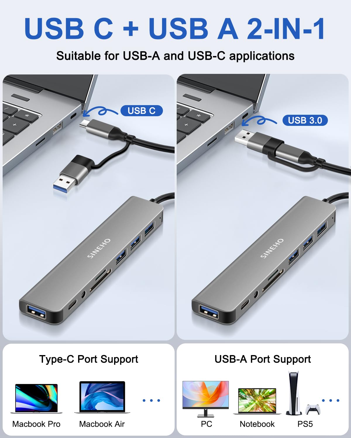 SINEHO 8-in-1 Dual USB Hub with USB 3.0, 3x USB 2.0, USB-C Data