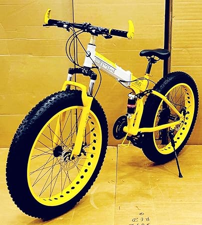 Shams Enterprises Fat + Foldable Sports MTB Cycle with Solid Color, Dual Hydraulic Suspension, Dual Disc Brakes & 21 Derailleurs (Gears) Yellow and White