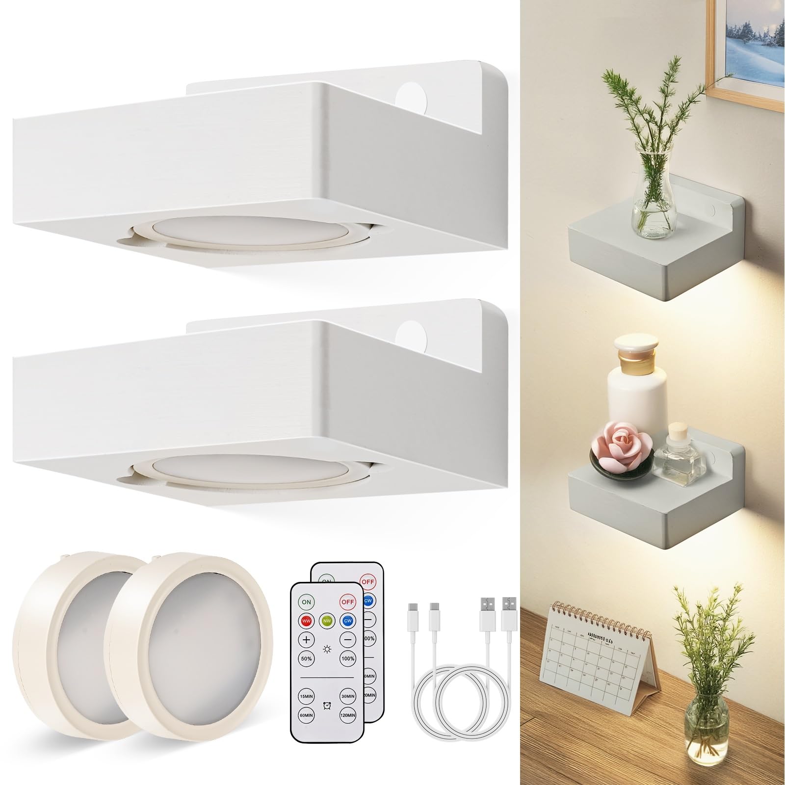 Espossi Floating Shelves with Rechargeable Battery Operated Light, 5.3'' White Small Wall Shelf Set of 2, Floating Shelves with Lights, Mini Wall Shelf with 3 Colors, Dimmable with Remote