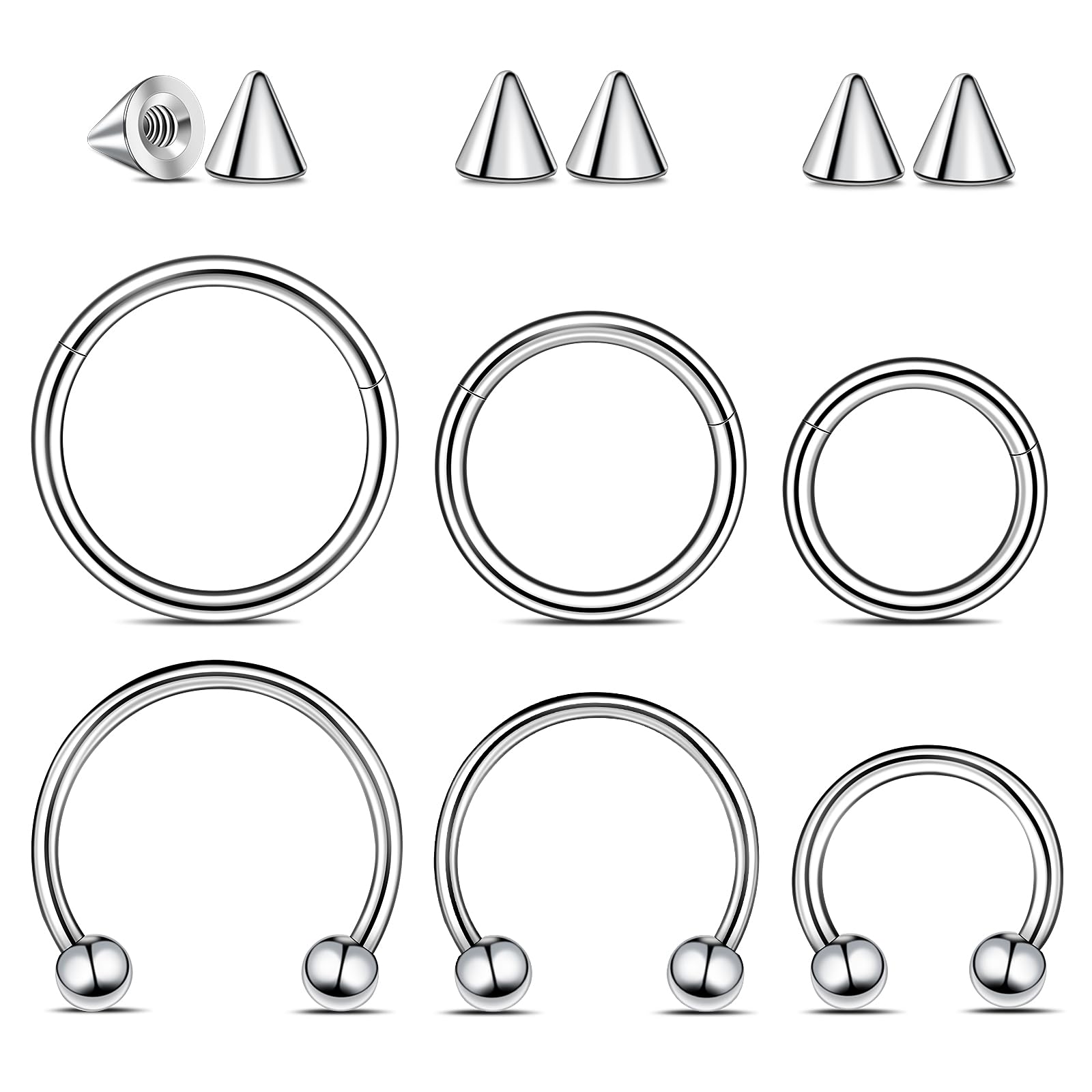 12 sztuk kolczyków do piercingu w kształcie podkowy 16G, septum, do wargi, 8/10/12 mm, stal nierdzewna, srebrny, septum nosowe, stal chirurgiczna, piercing do chrząstki, ucha, z zapasowym szpikulcem