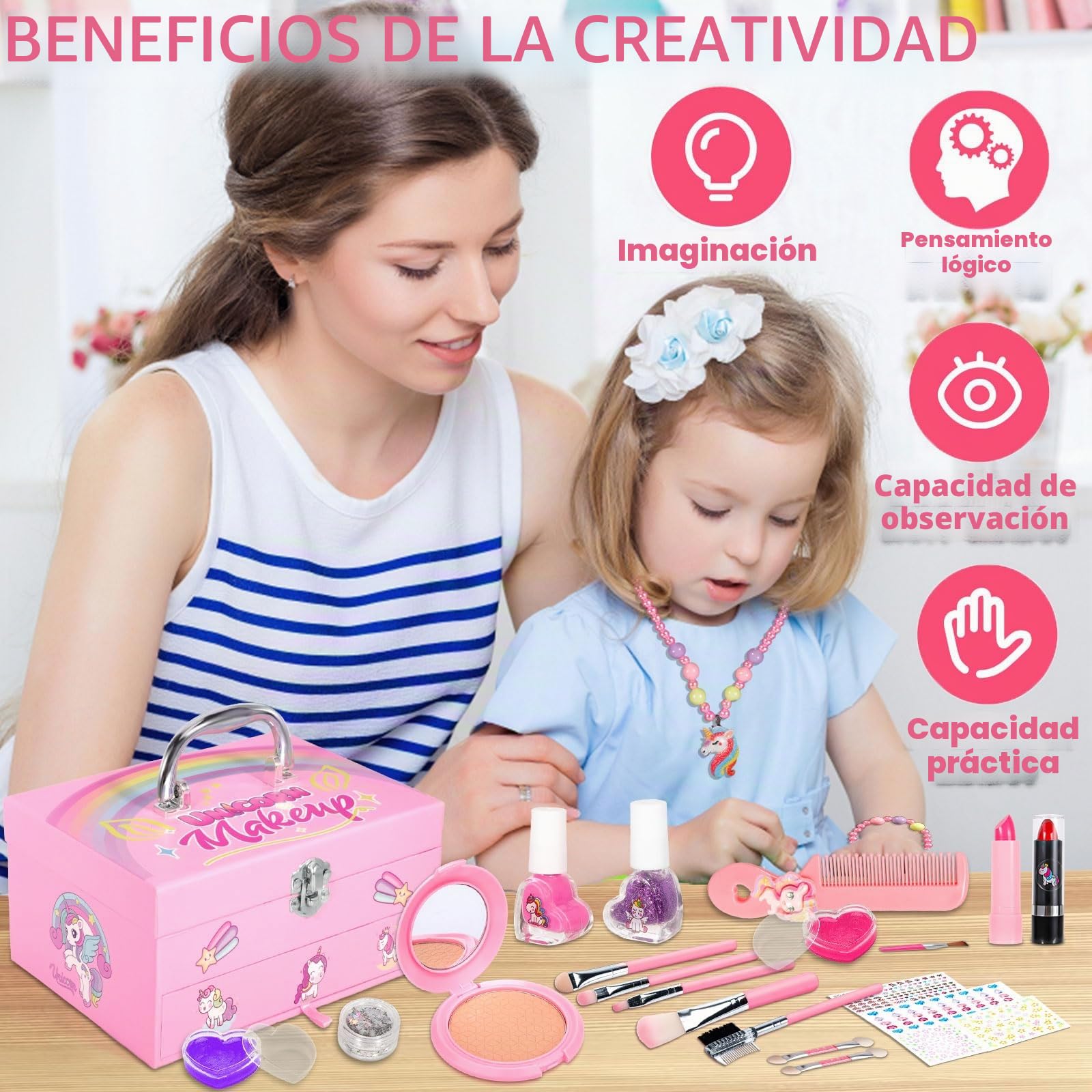 Kit de Maquillaje Niñas , 59 Piezas Lavable, Set Maletin, Juegos de Belleza Cosméticos, Tocador de Maquillaje Niña, Regalos No-Tóxicos para Princesas 5 6 7 8 9 10+ Años