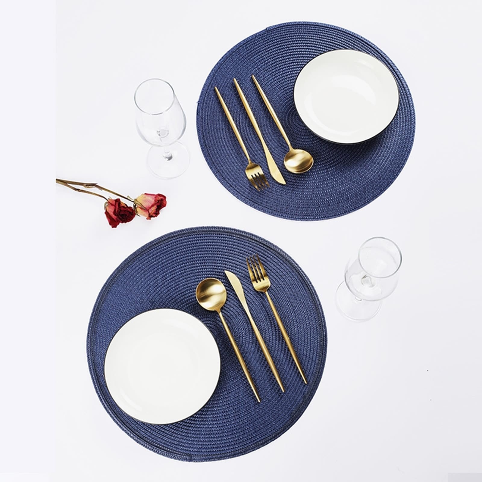 Lot de 6 sets de table bleu foncé uni structure tissée 38 cm pour cuisine et salle à manger