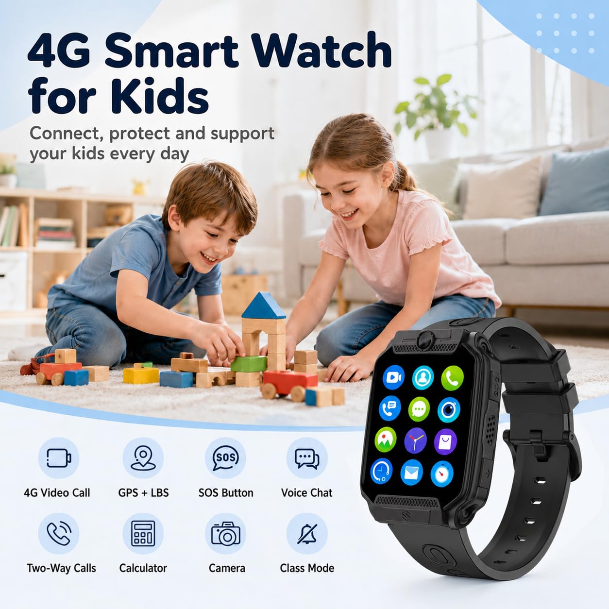 clleylise Smartwatch Bambini con GPS+LBS, Videochiamata, Chiamata, SOS, 7 Giochi Educativi, Modalità Scuola, Contapassi e Fotocamera, Orologio Digitale Multifunzione, Telefono per Bambini