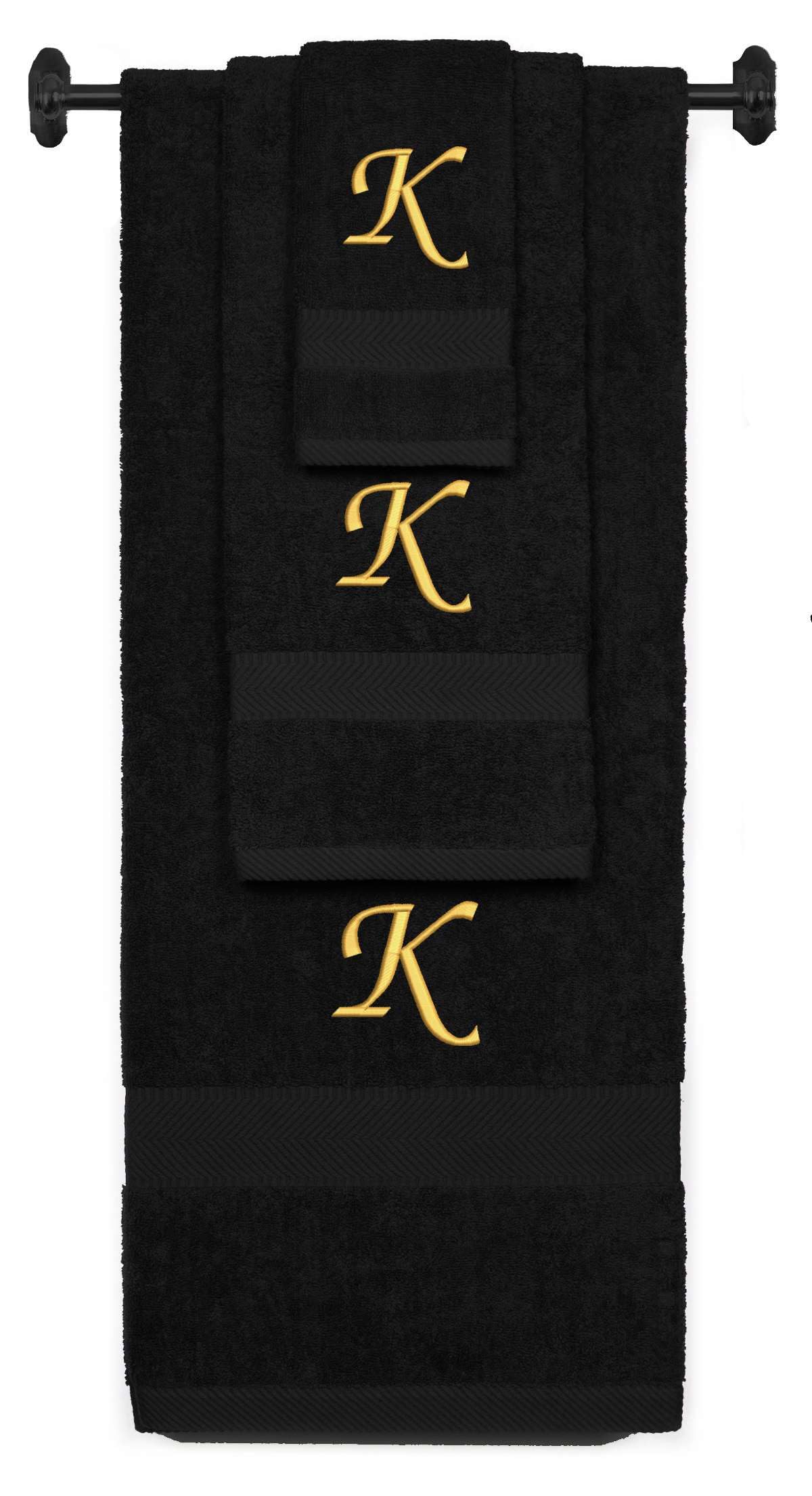 Juego de toalla de baño, toalla de mano y toallita de baño bordada a medida, de algodón rizado, color negro, con inicial K de chancery dorada