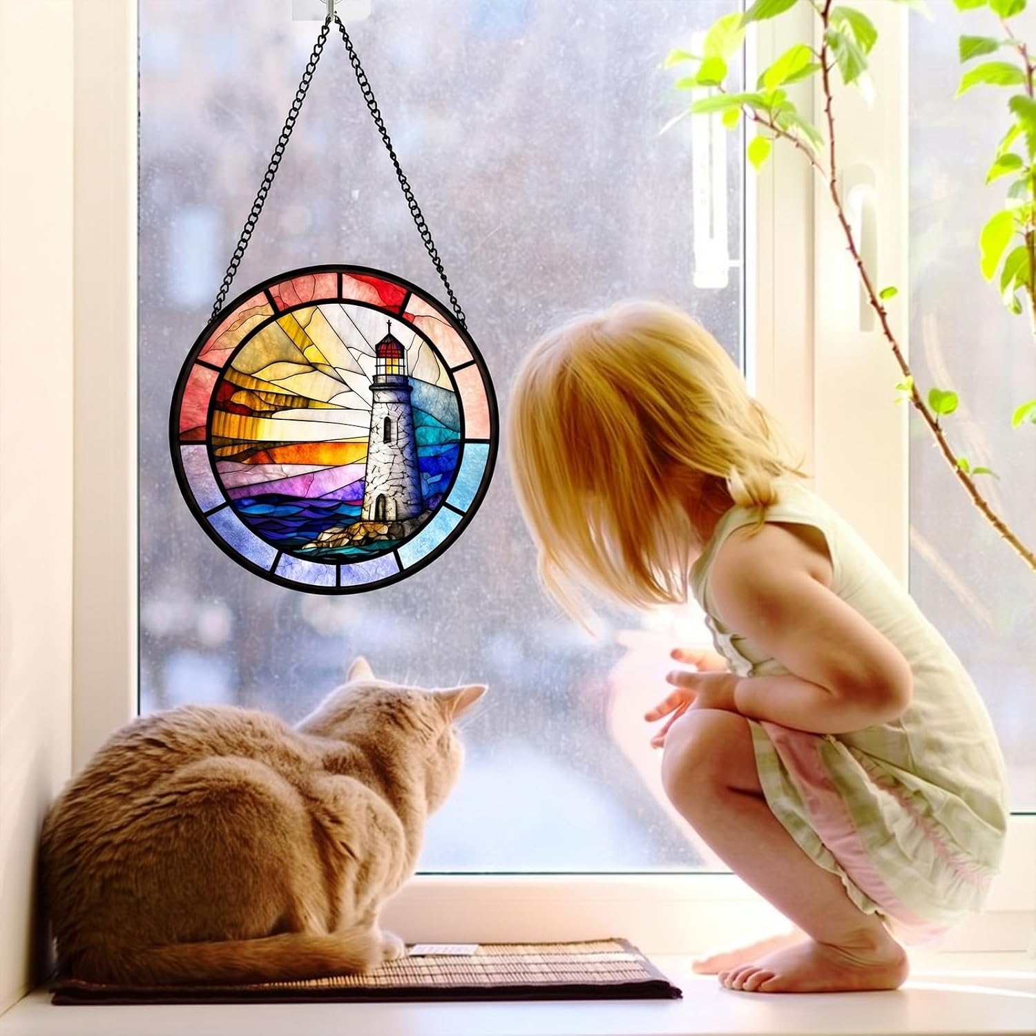 Stained Glass Window Hanging, Lighthouse Stained Glass Suncatcher