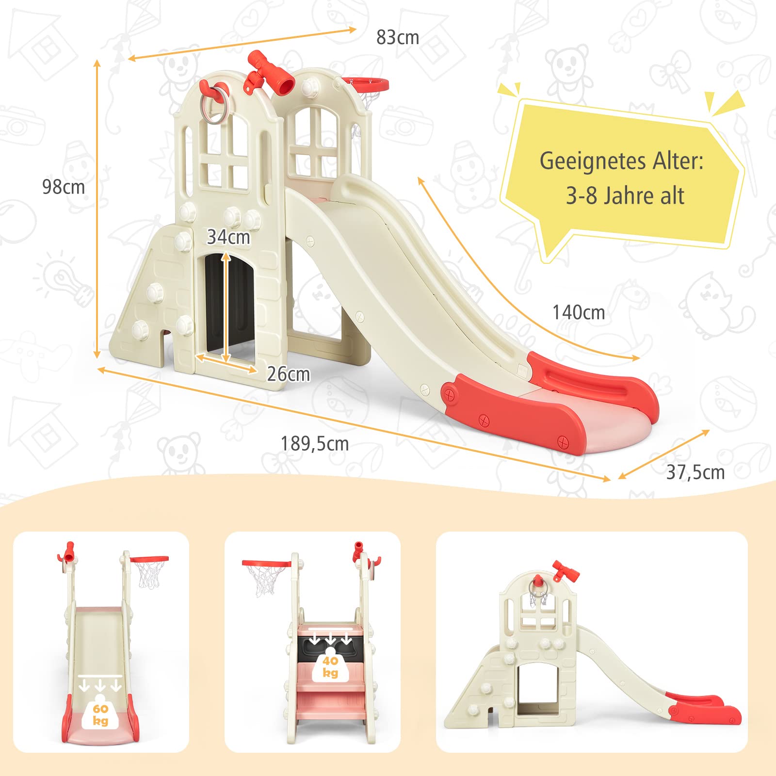 GOPLUS 6 in 1 Kinderrutsche mit Basketballkorb, Multifunktionale Babyrutsche mit 140cm Rutschbahn, Ringwurfspiel, Tunnel & Fernglas, Gartenrutsche aus HDPE mit Abnehmbarem Pedal für 3-8 Jahre (Rosa)