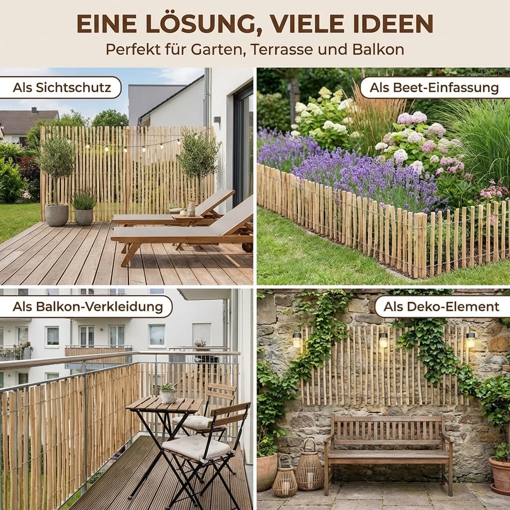 Clôture Ganivelle en Bois de Noisetier 120x500 cm - Distance entre lattes 3-5 cm - Clôture de Jardin Rustique, Brise-vue Naturel - Support pour Plantes Grimpantes